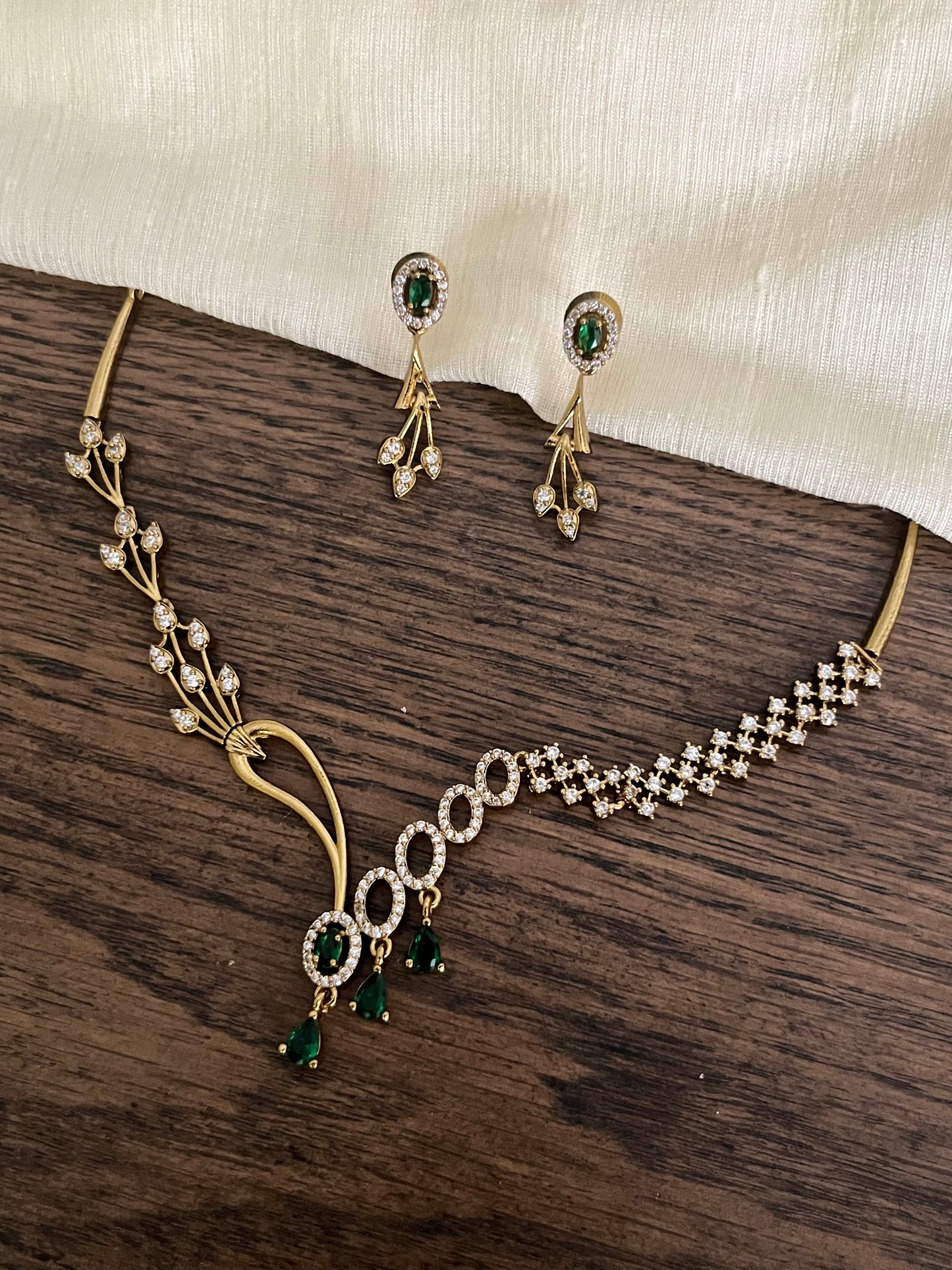 Asymmetric Green Stone Necklace – AD Studded – With Earrings