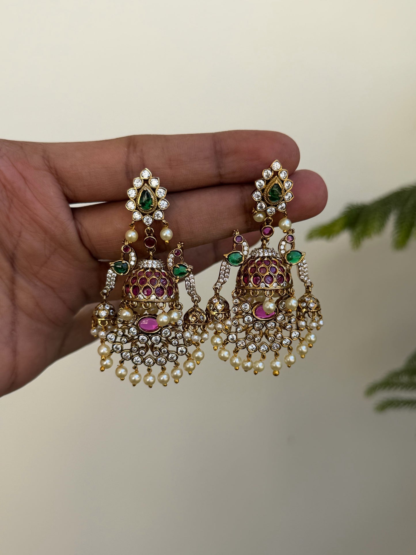 Traditional Moissanite Jhumka Earrings with Pink & Green Stones | MIJ Jewels