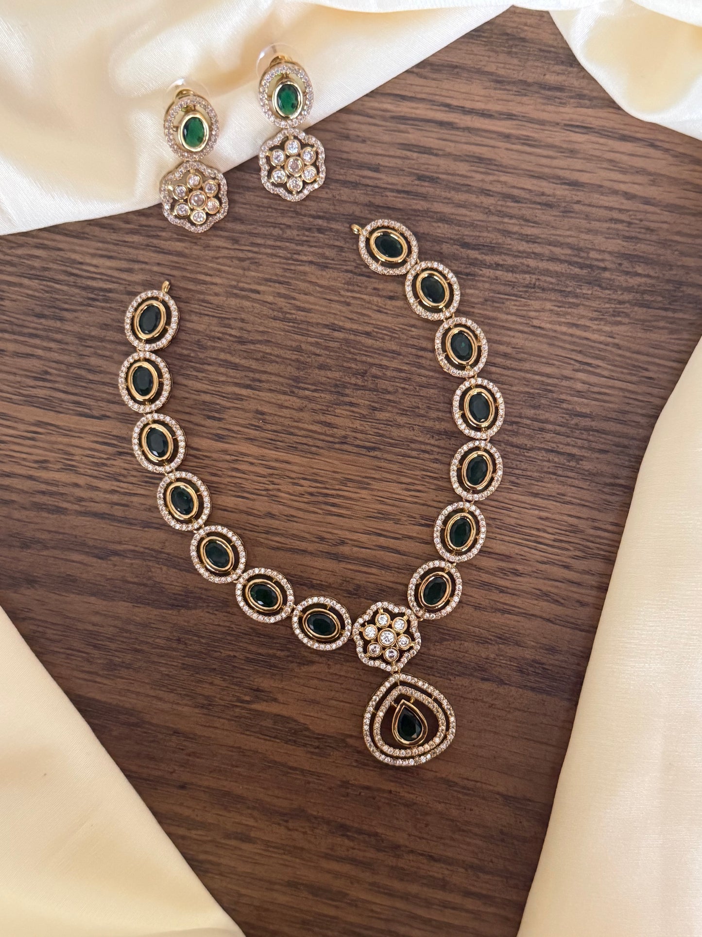 Premium Emerald Oval Stone Choker with CZ Floral Pendant