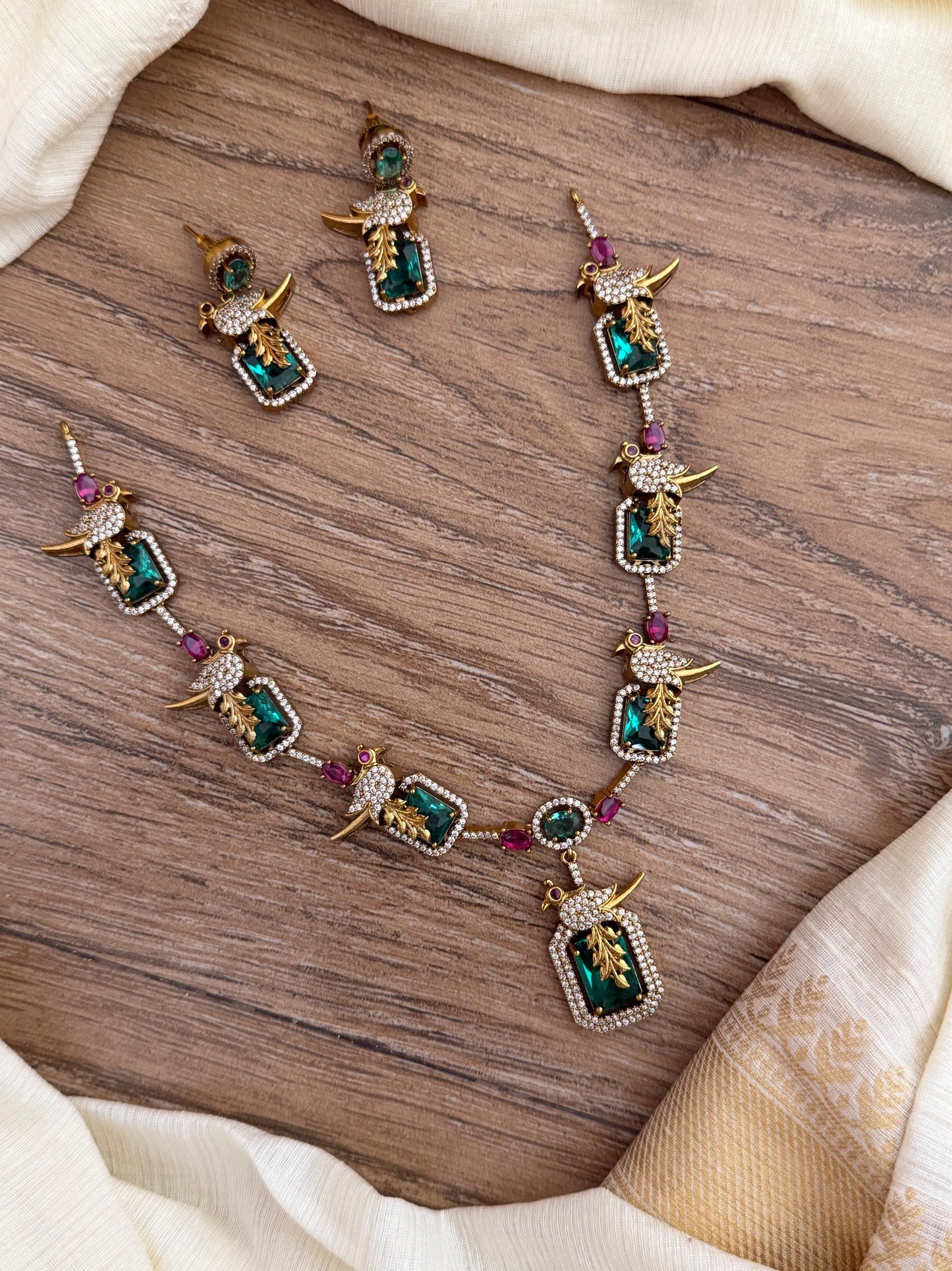 Exquisite Sea Green & Ruby Stone Parrot Designer Necklace Set