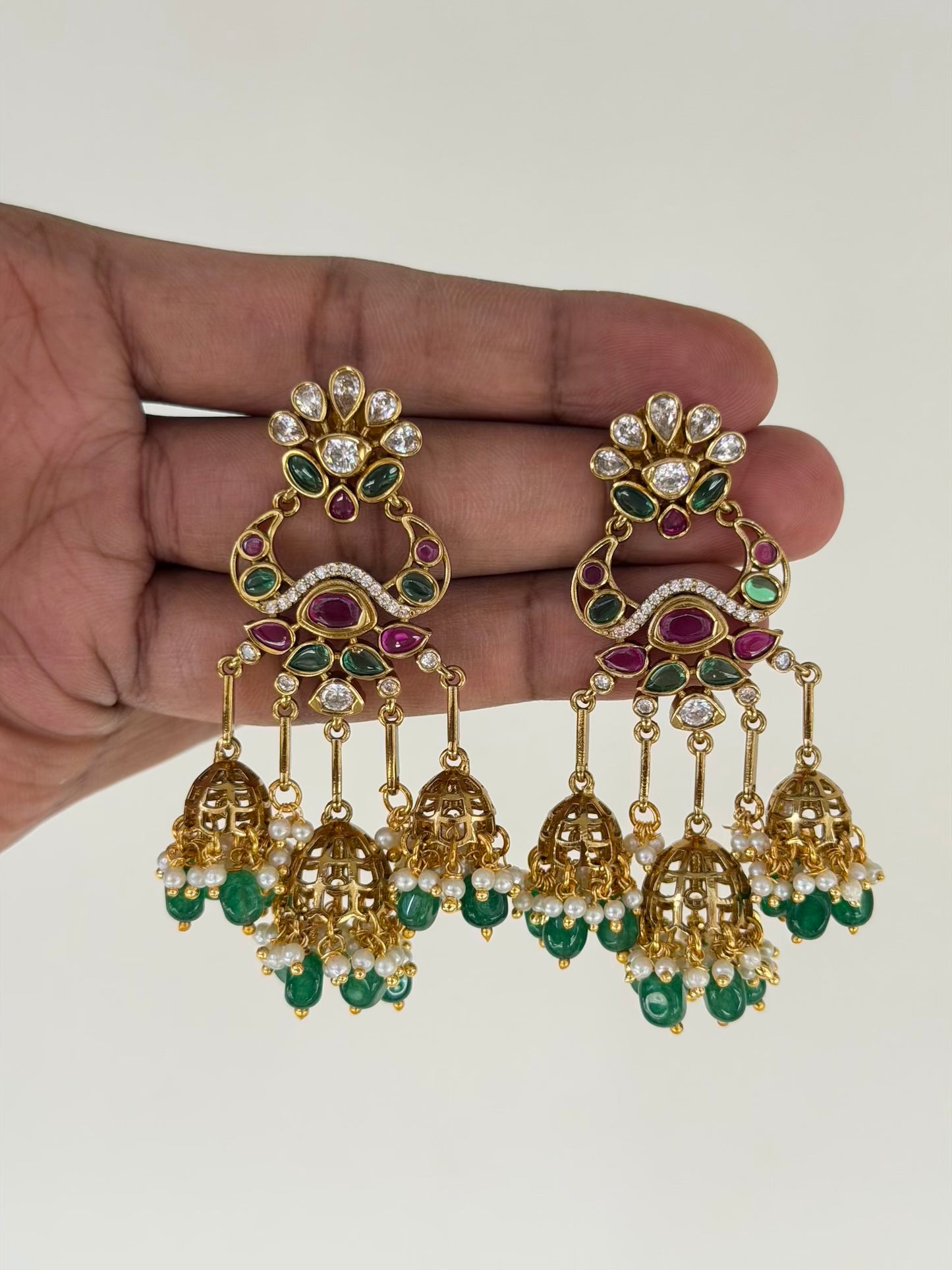 Flower Motif Chaandbali Earrings with Emerald & Ruby Accents, Green Bead Drops