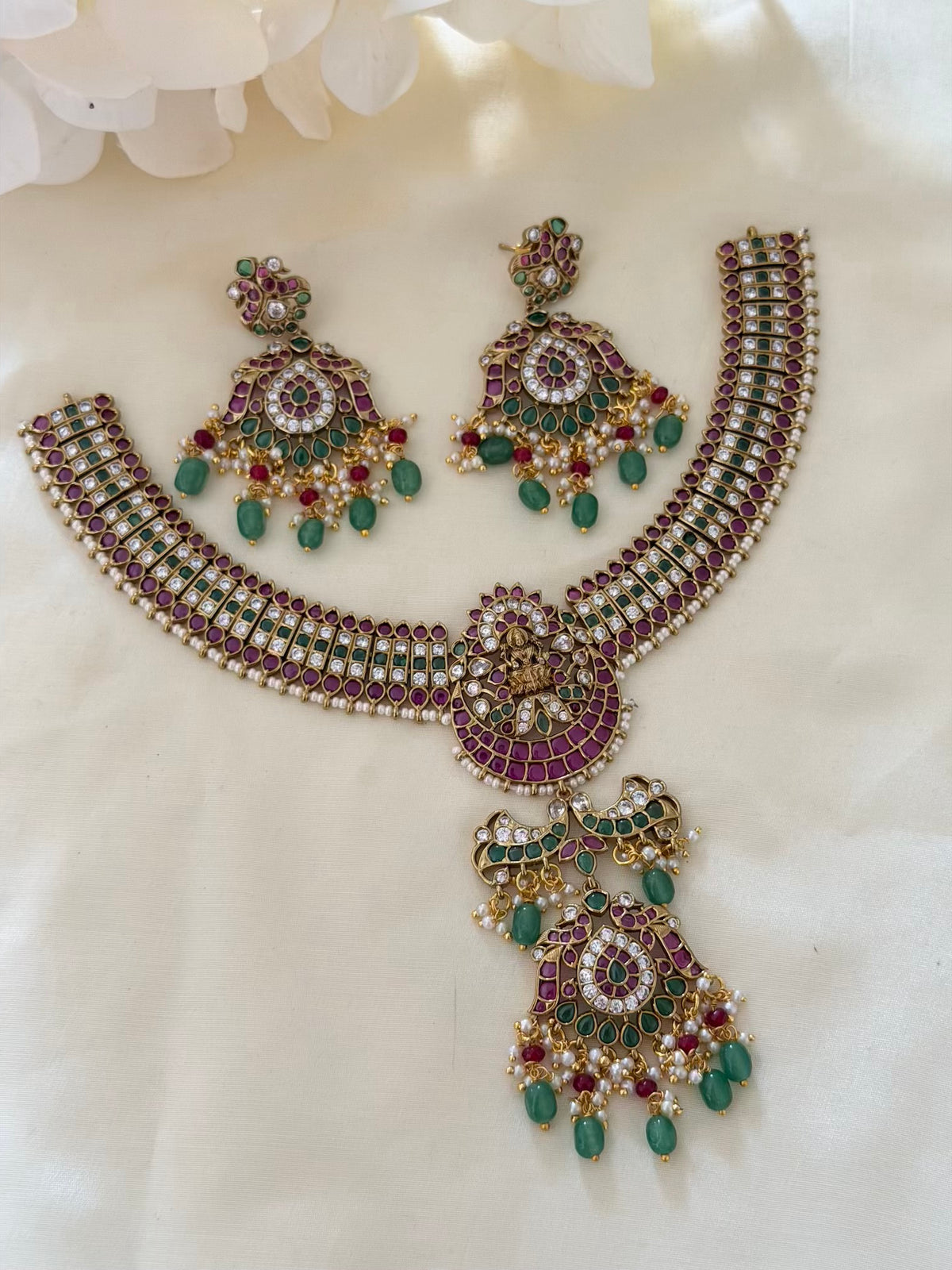 Kemp Lakshmi Choker Necklace Set with Layered Peacock Pendant and Dangler Earrings