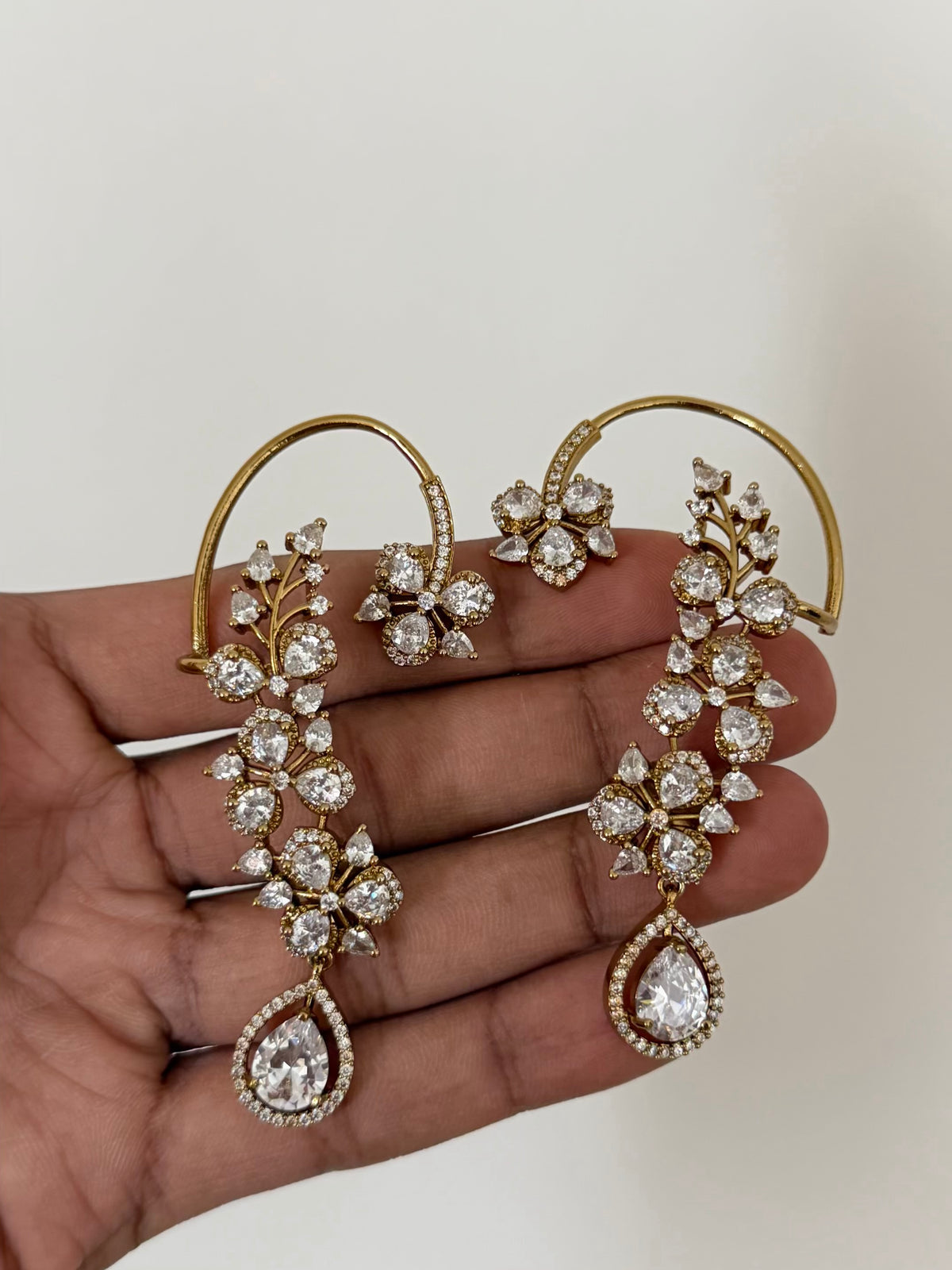 Floral Vine Ear Cuff Earrings with CZ Stones and Teardrop Drop