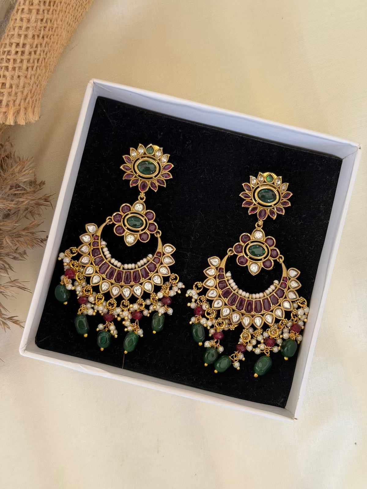 Floral Ruby Emerald Kundan Chaandbali Earrings with Pearl and Bead Tassels
