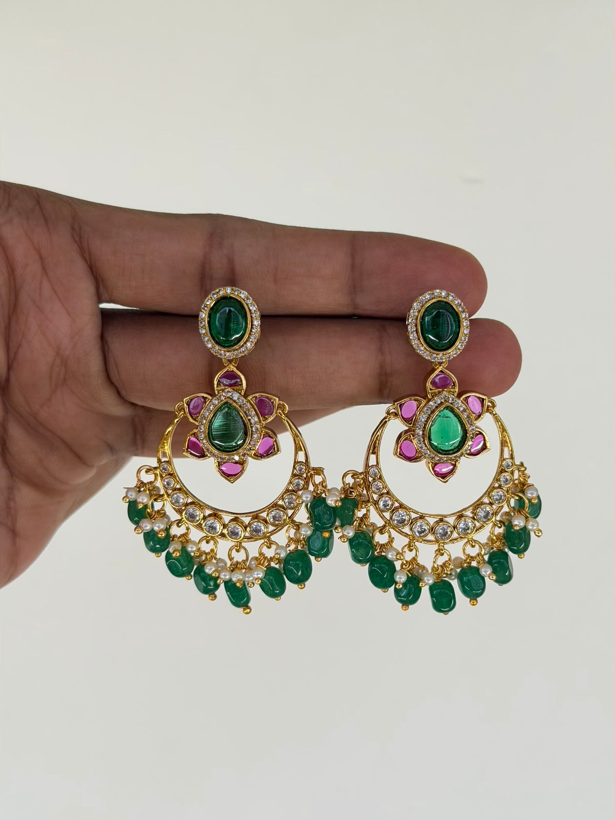 Emerald Oval Stud Chaandbali Earrings with Ruby Flower and Green Beads