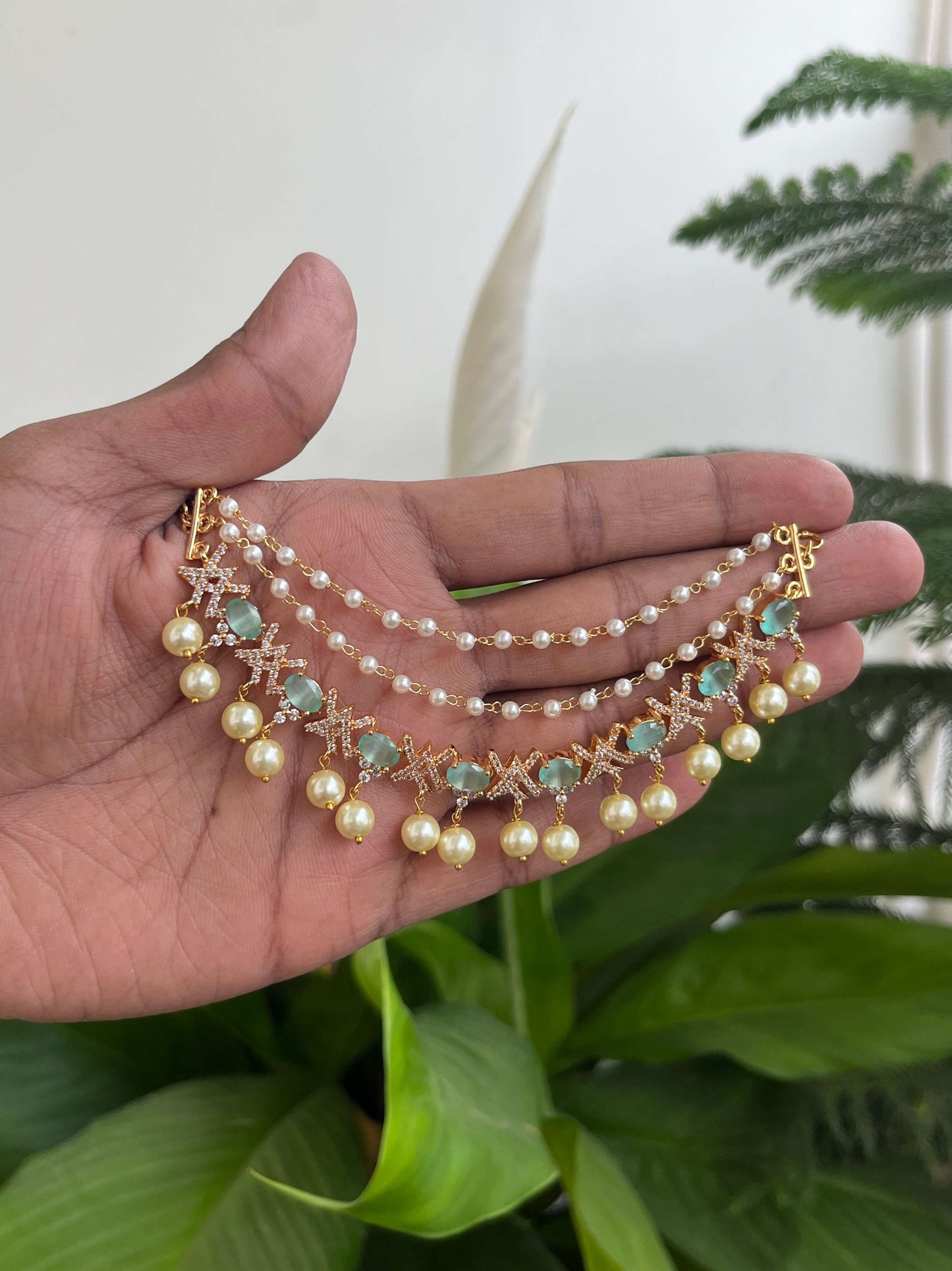 Golden Polish Ear Chains with CZ Stones & Pearl Hangings – Mint & Emerald Green Variants