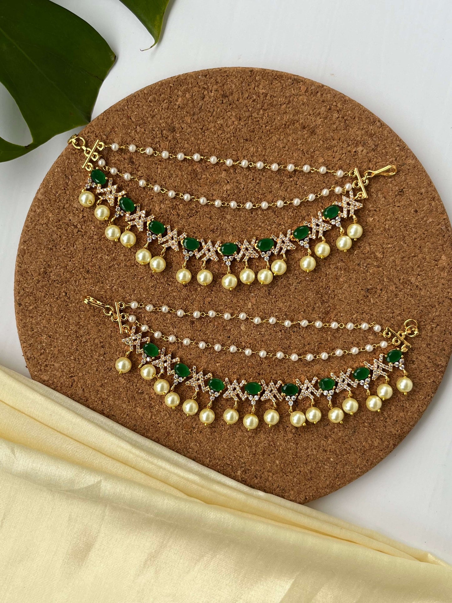 Golden Polish Ear Chains with CZ Stones & Pearl Hangings – Mint & Emerald Green Variants