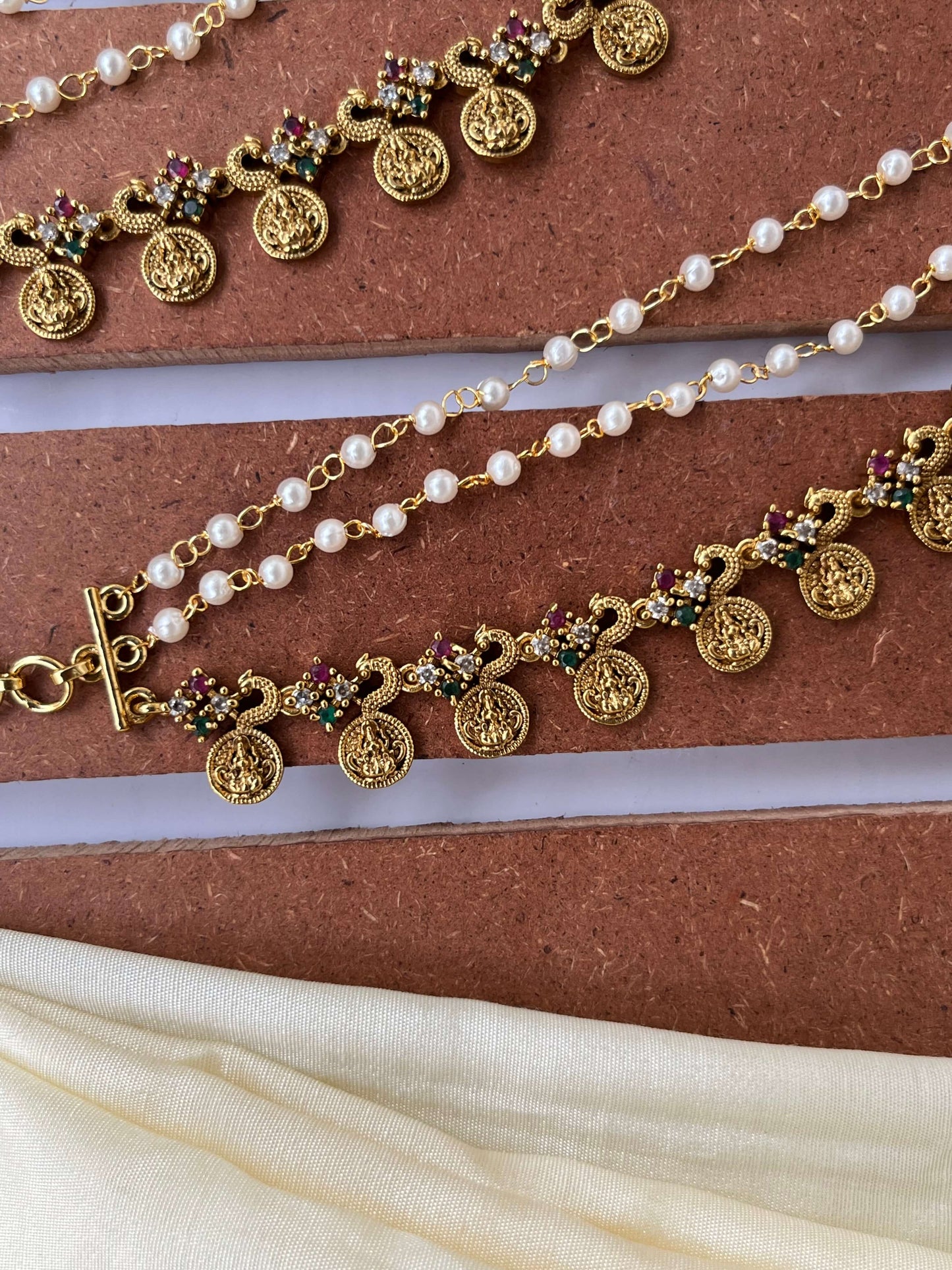 Lakshmi Devi Coin Ear Chain with Pearls, Multicolor Stones