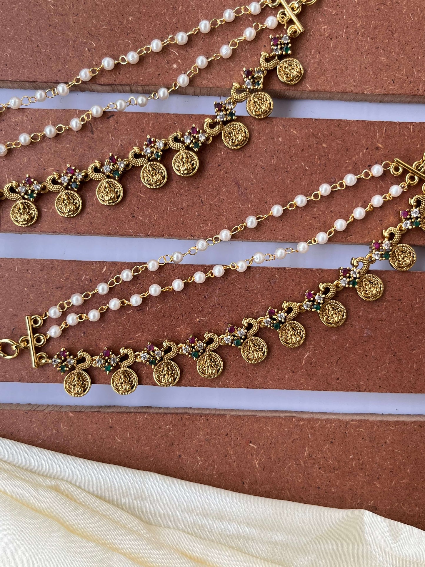 Lakshmi Devi Coin Ear Chain with Pearls, Multicolor Stones