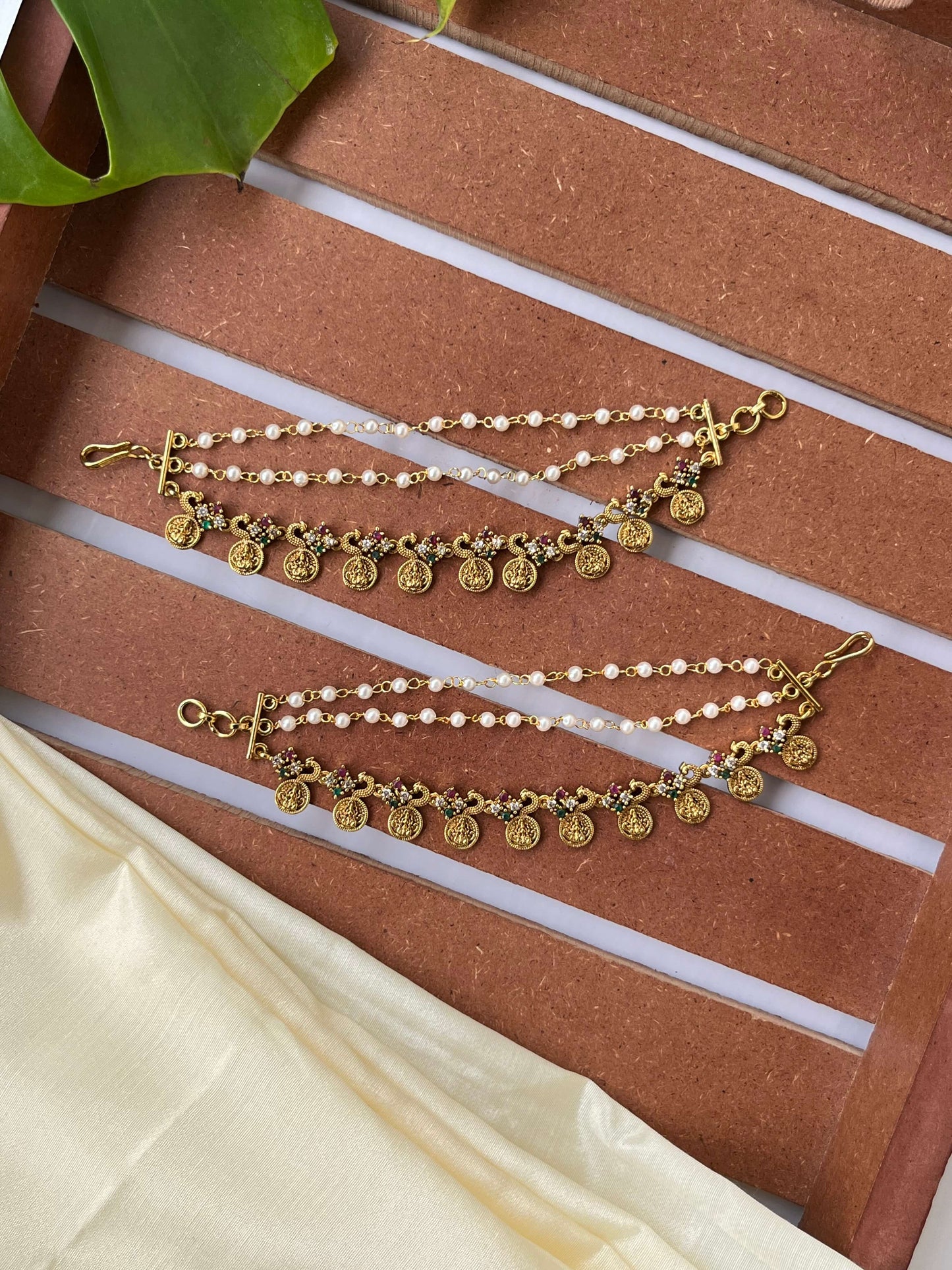 Lakshmi Devi Coin Ear Chain with Pearls, Multicolor Stones