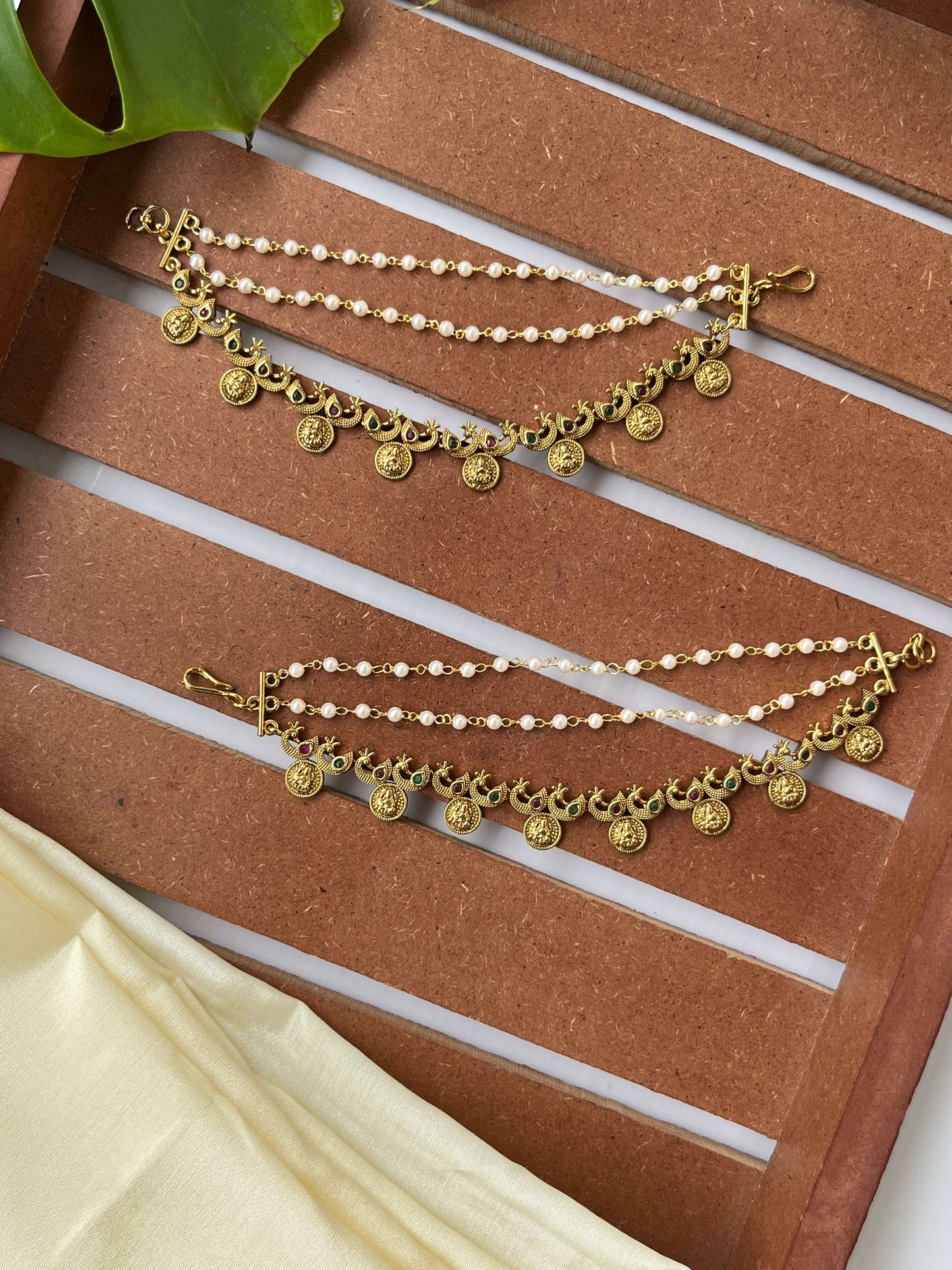 Peacock motif Lakshmi Devi Coin Ear Chain with Pearls, Multicolor Stones