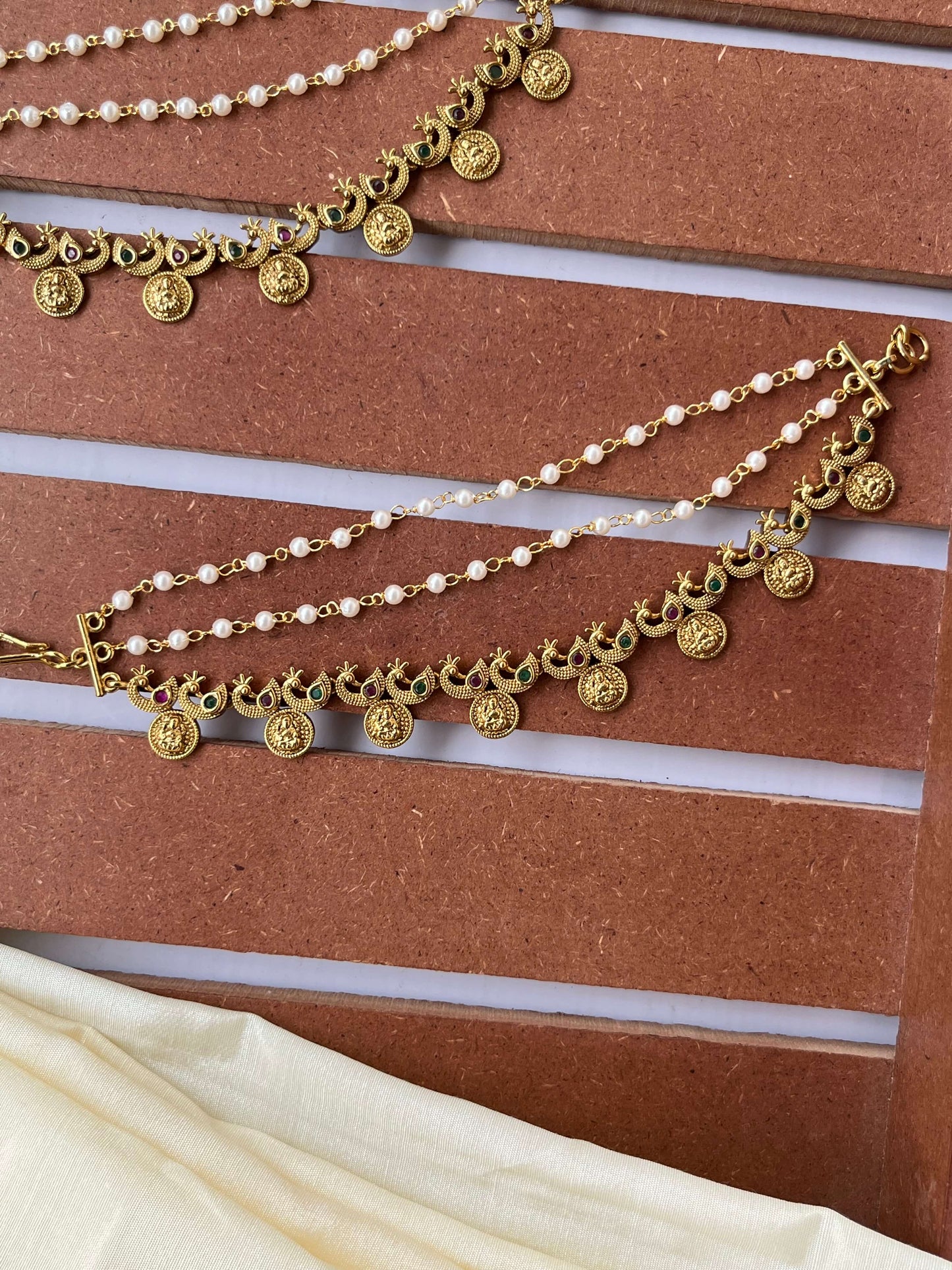 Peacock motif Lakshmi Devi Coin Ear Chain with Pearls, Multicolor Stones