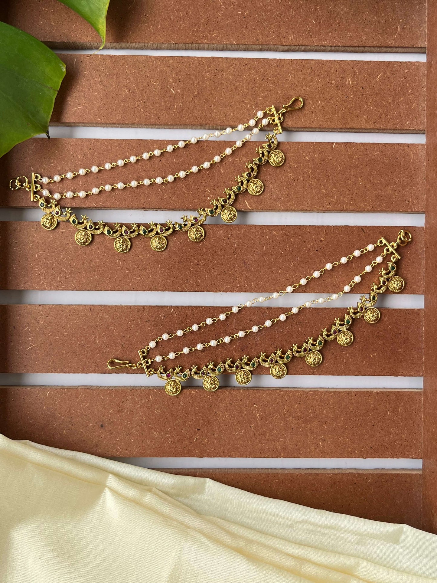 Peacock motif Lakshmi Devi Coin Ear Chain with Pearls, Multicolor Stones