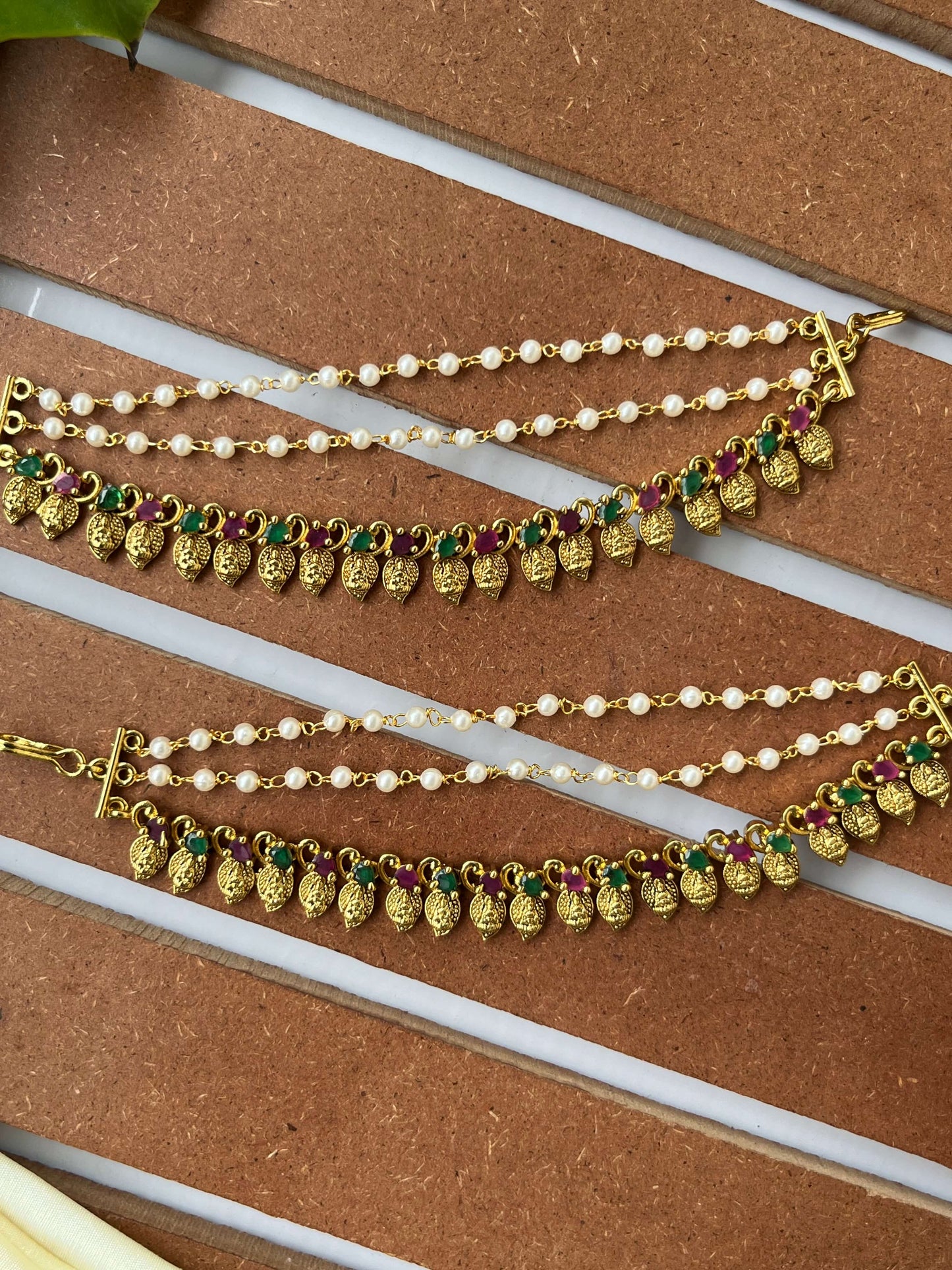 Mango Leaf Lakshmi Devi Ear Chain with Pearls, Ruby & Green Stones