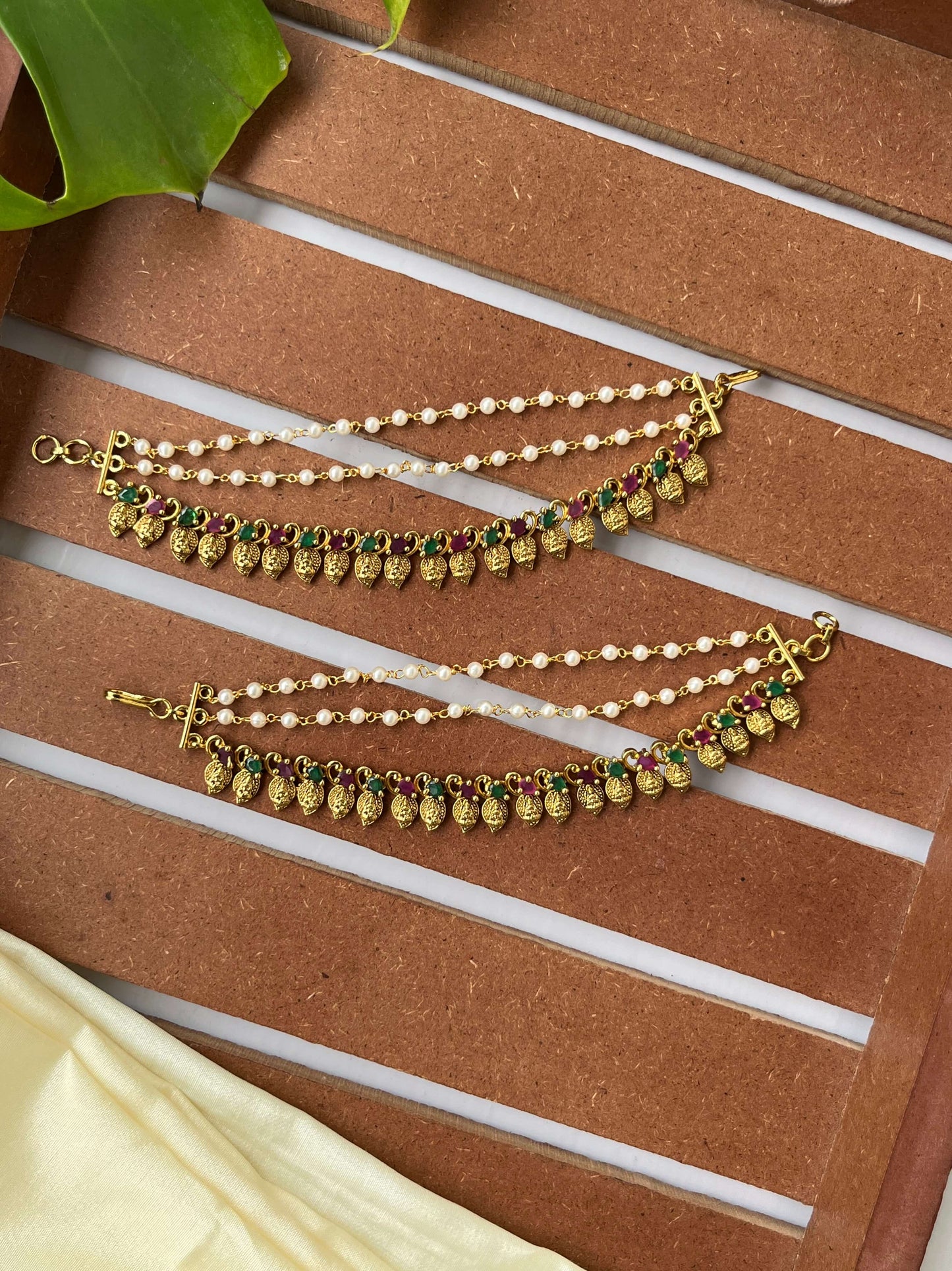 Mango Leaf Lakshmi Devi Ear Chain with Pearls, Ruby & Green Stones