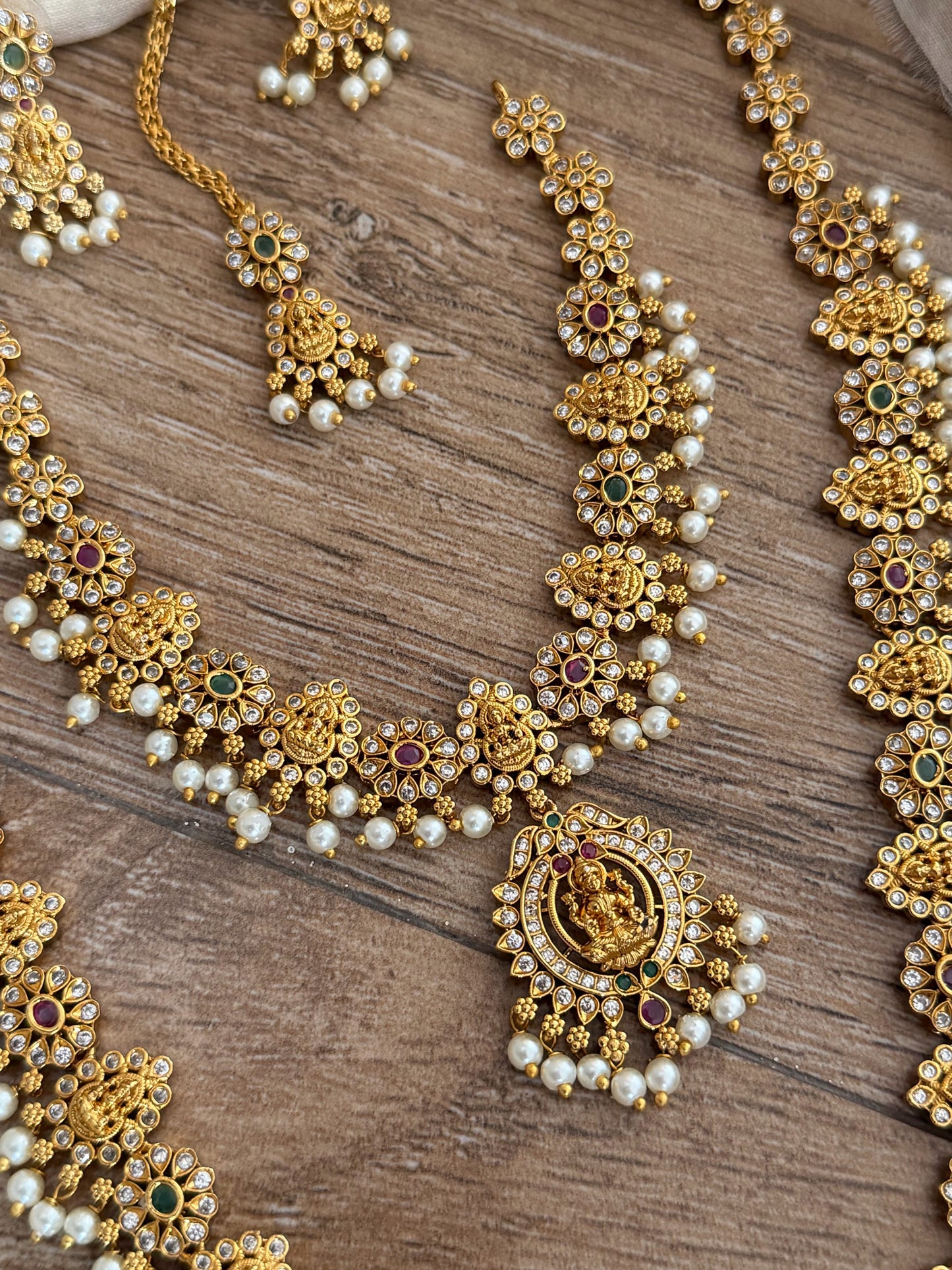 Grand Bridal Temple Jewelry Set with Long Haram & Maang Tikka