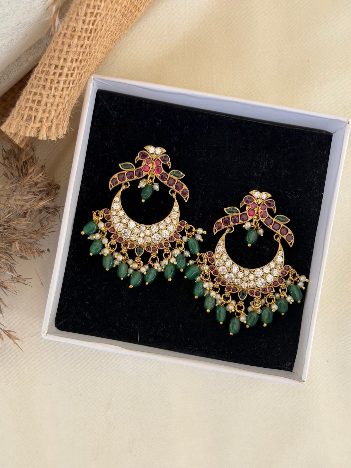 Ruby Kemp Peacock Crown Chaandbali Earrings with Emerald Bead Drops