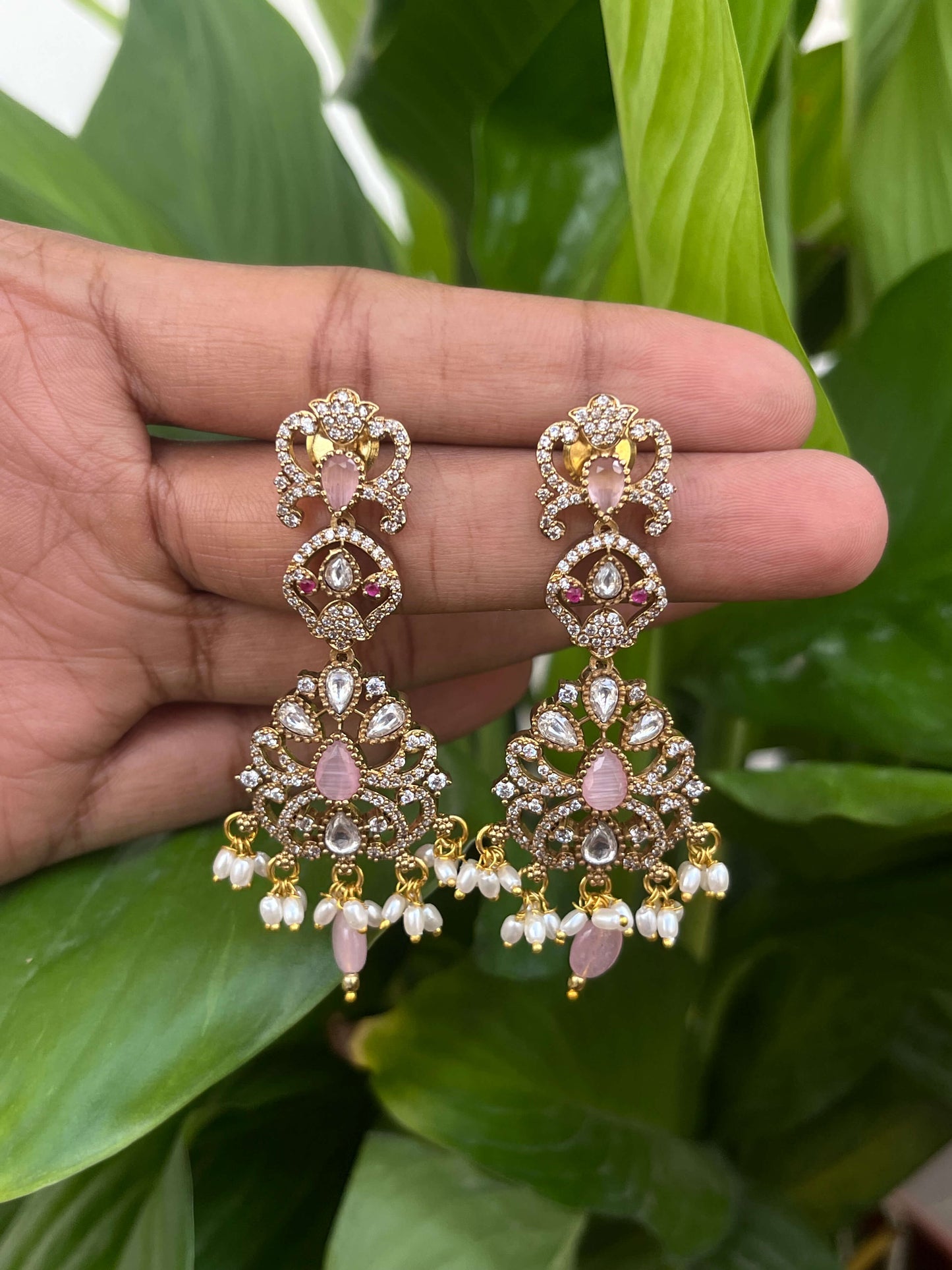 Victorian Dangler Earrings – Elegant Statement Earrings in Green, Pink & Mint