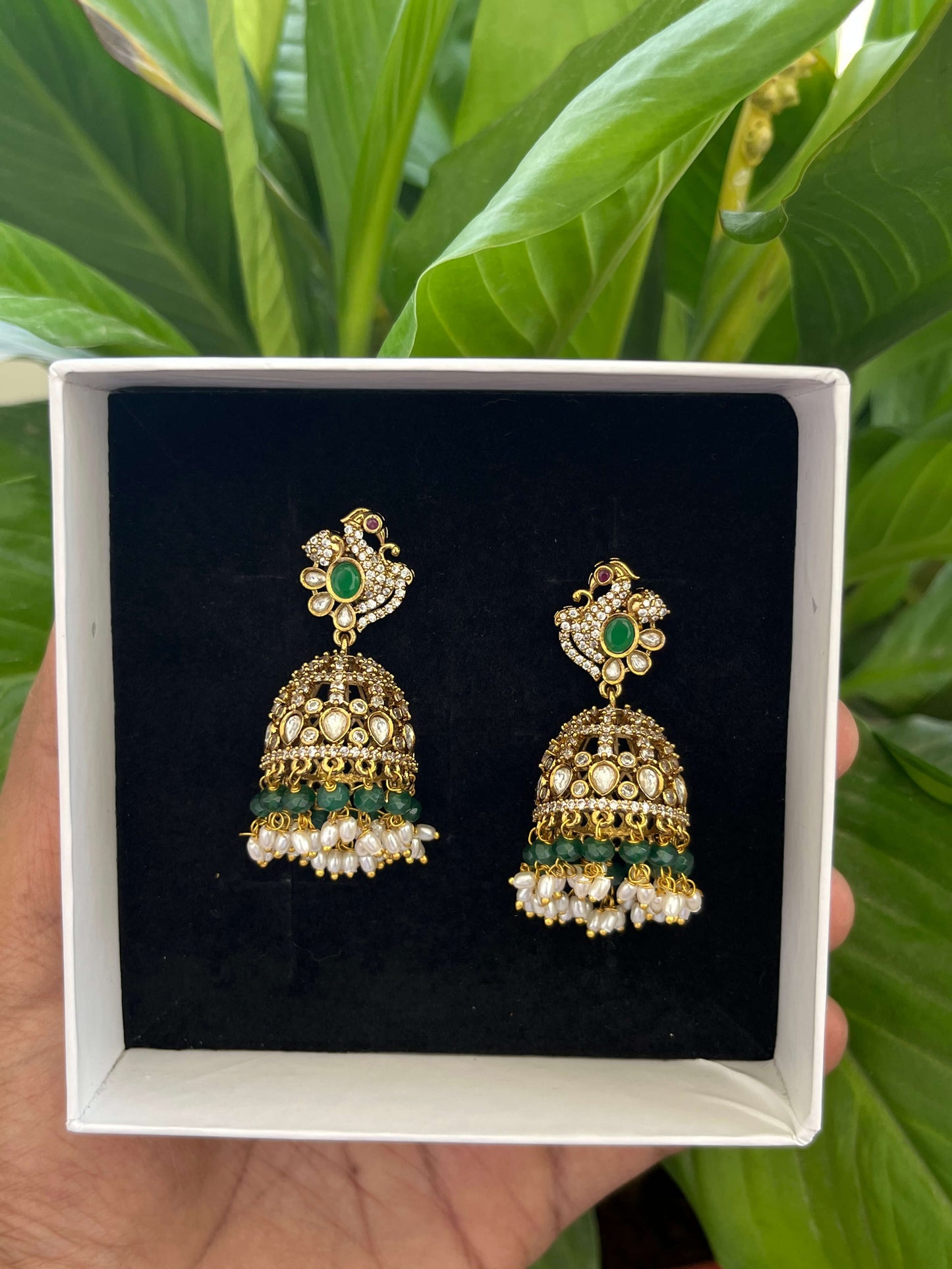Victorian Peacock Motif Jhumka – Mint, Pastel Pink & Green Statement Earrings