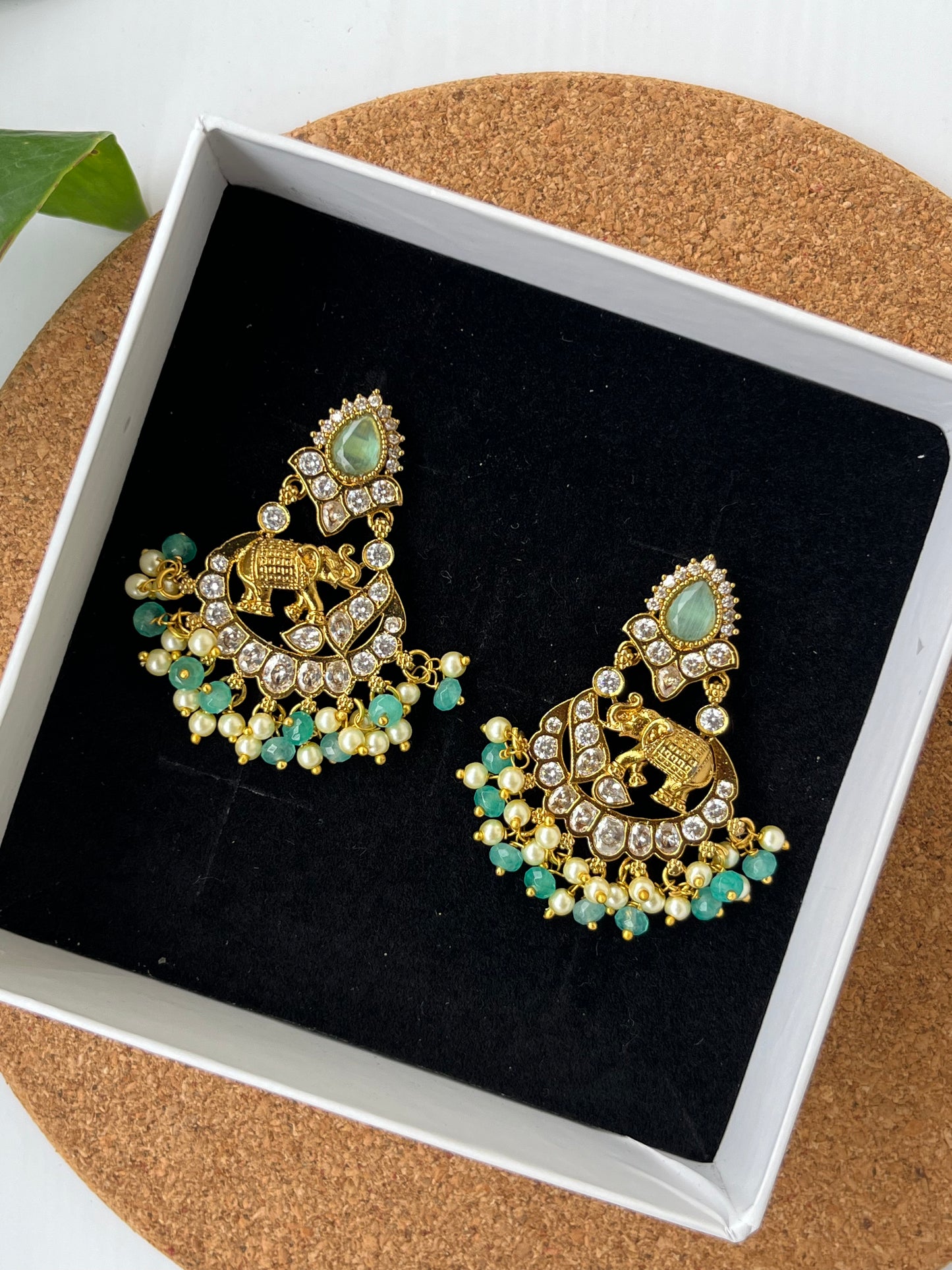 Studded Elephant Chaandbali Earrings - Pink and Mint