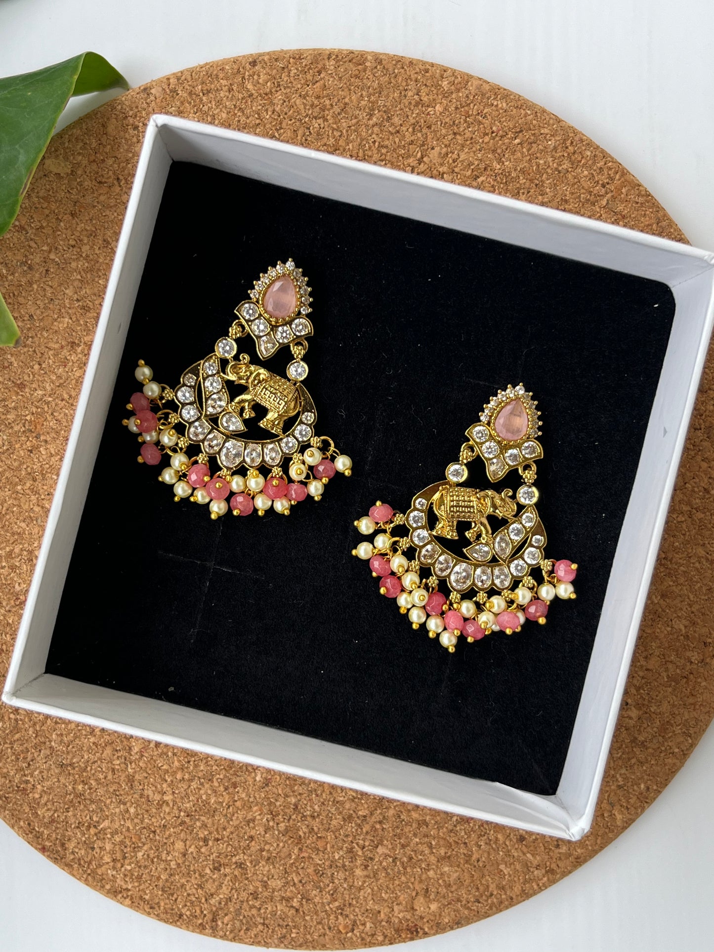 Studded Elephant Chaandbali Earrings - Pink and Mint