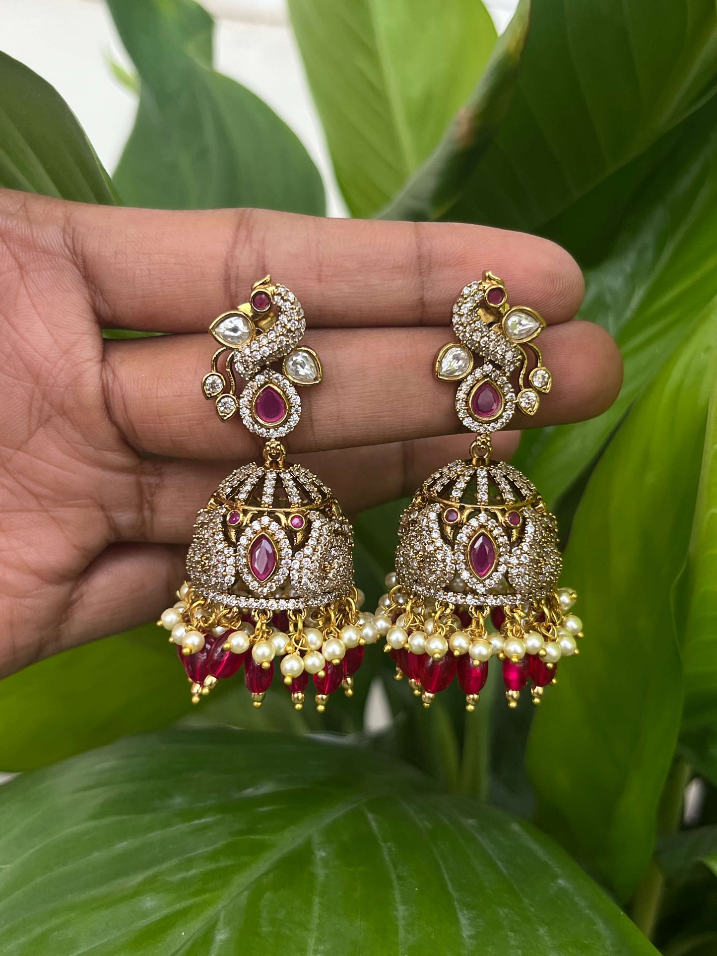 Victorian Peacock Motif Long Jhumka – Luxury Statement Earrings - Green, Mint, Ruby