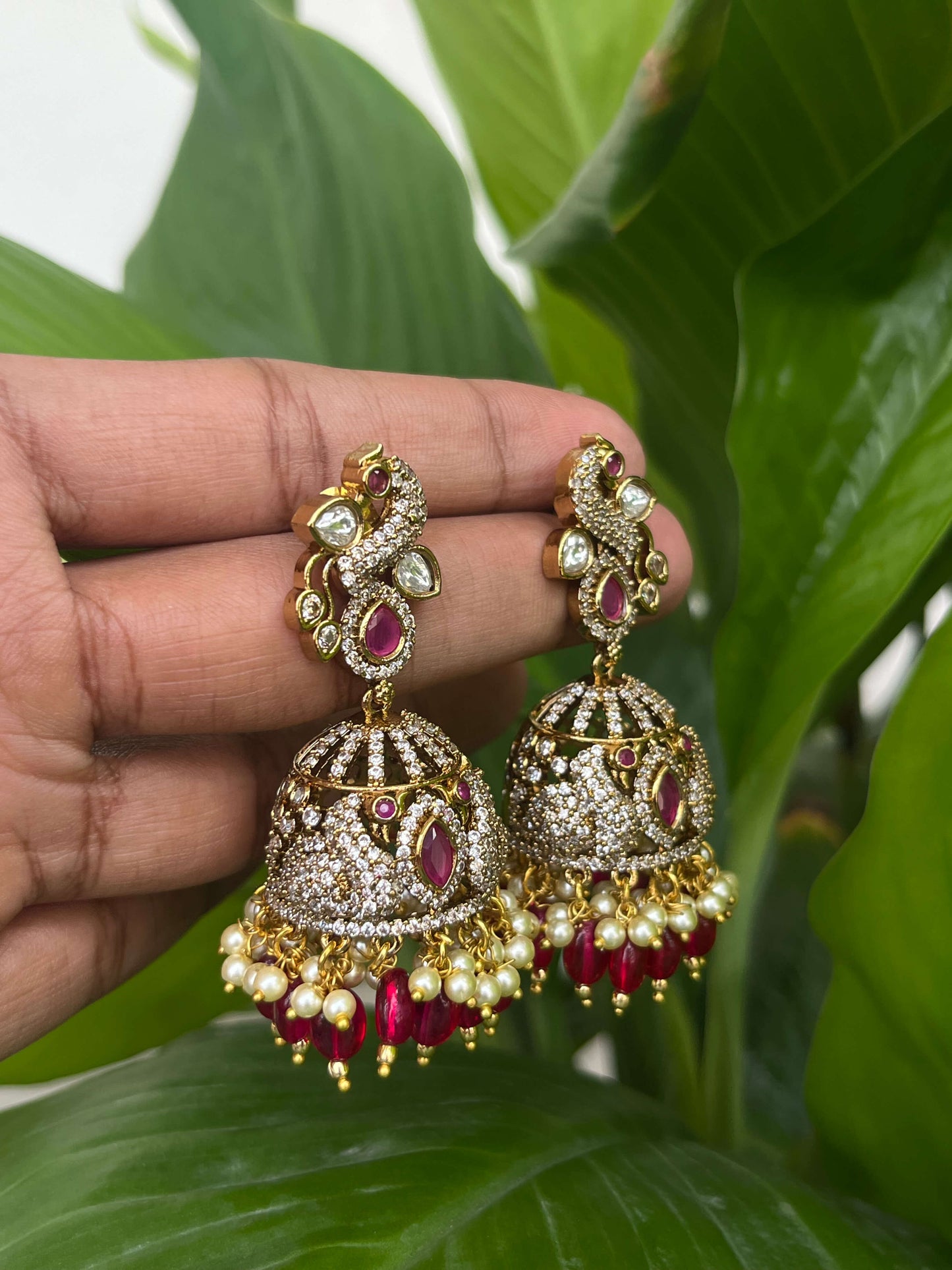 Victorian Peacock Motif Long Jhumka – Luxury Statement Earrings - Green, Mint, Ruby