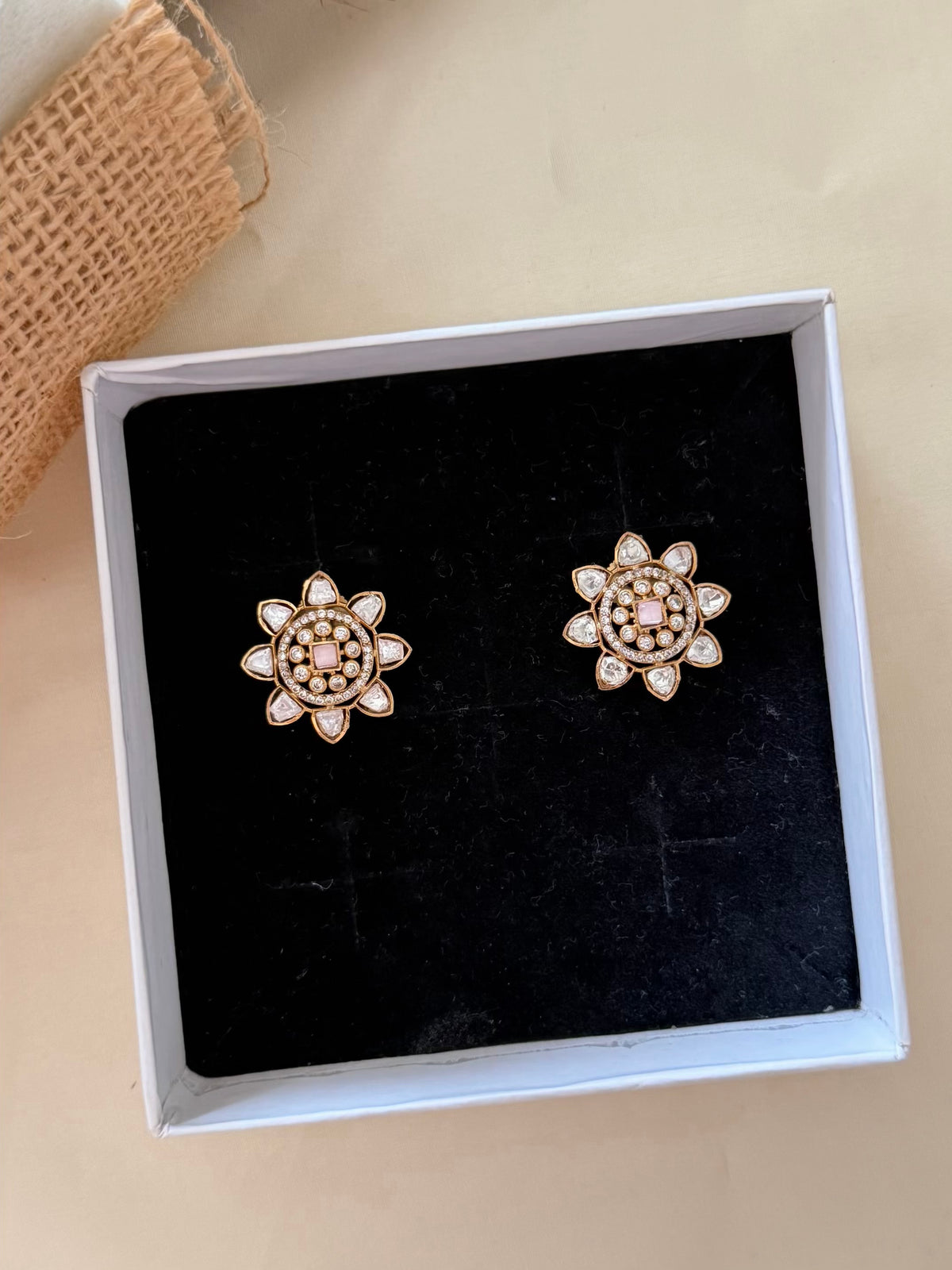 Moissanite Floral Stud Earrings with Square Centre Stone and Round Stone Halo