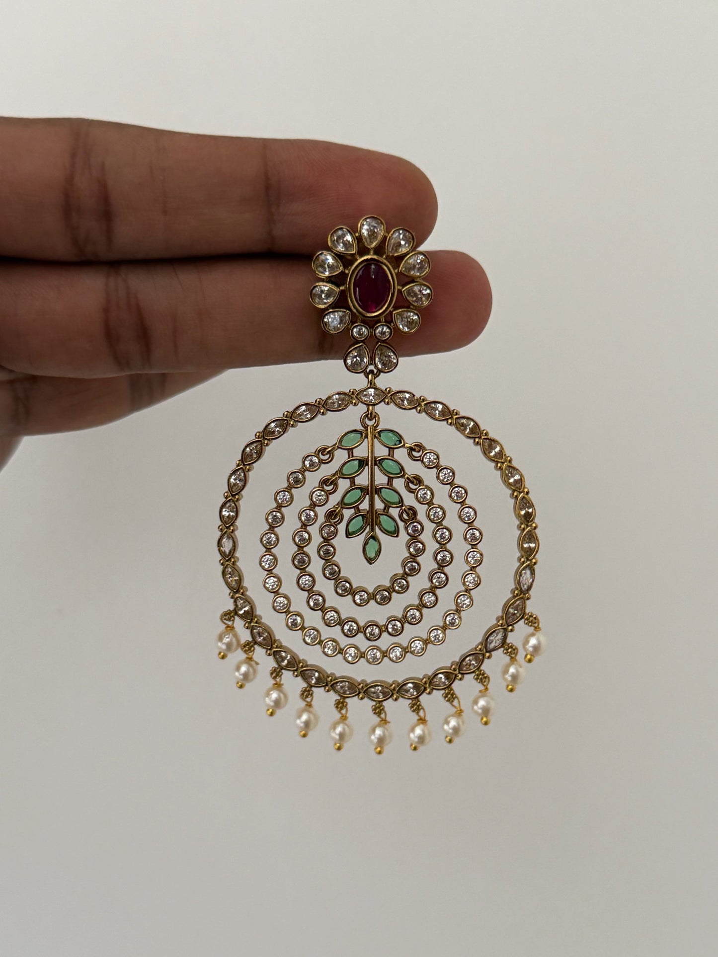 Handcrafted Floral Chandbali Hoops – Premium Lightweight Statement Earrings with Ruby & Emerald Accents