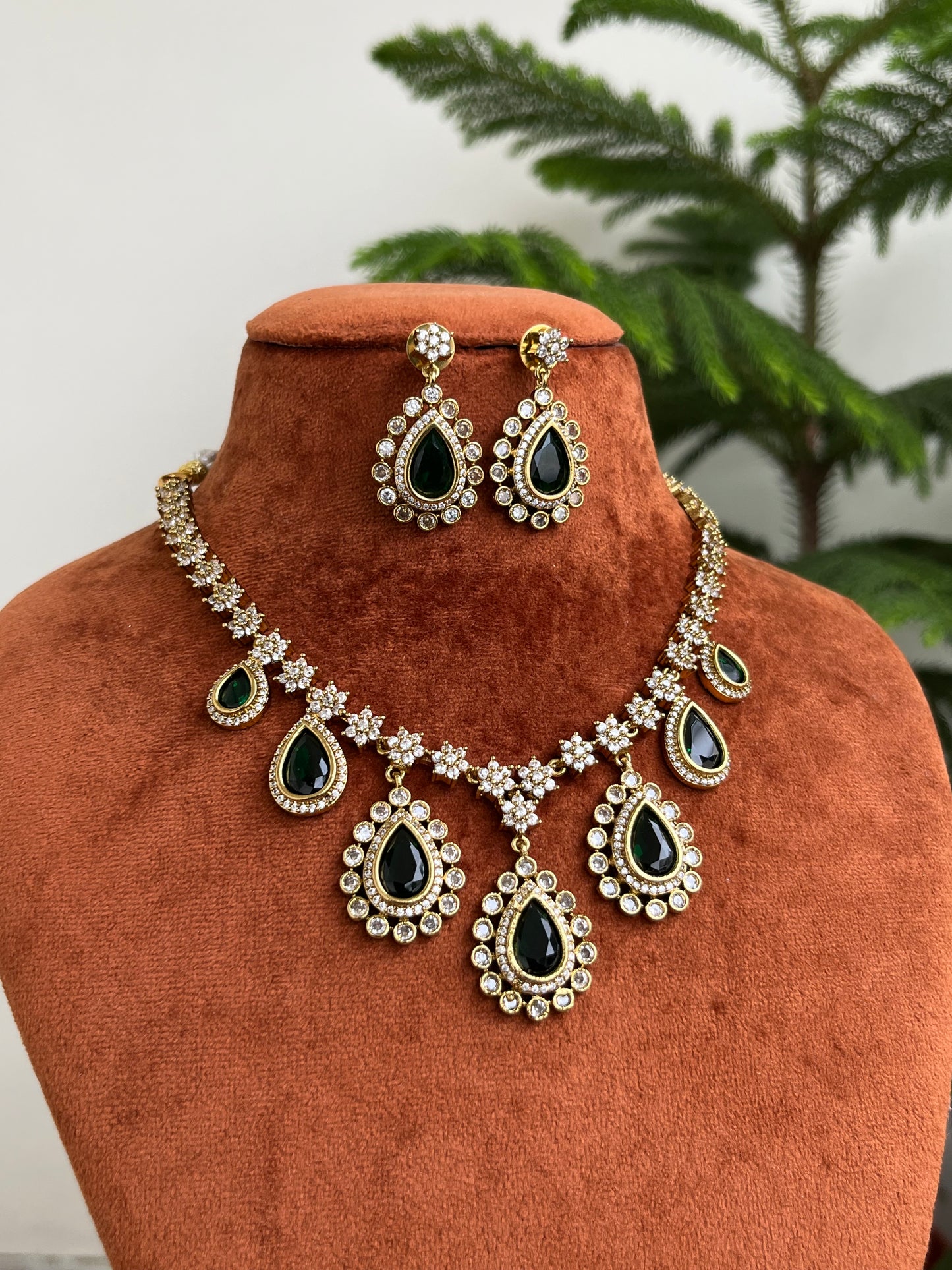 Green Stone Drop Necklace Set with Earrings | American Diamond Jewellery