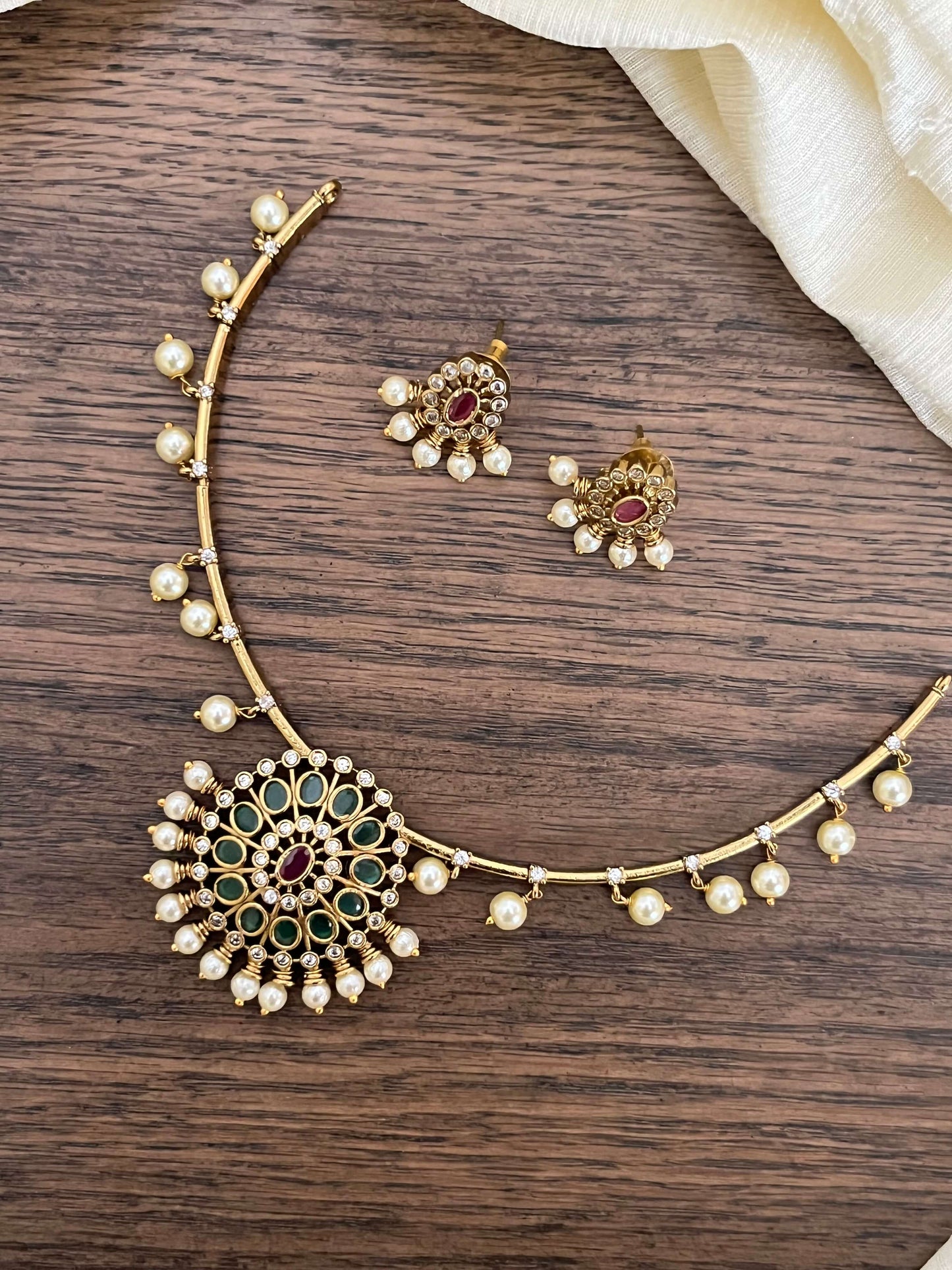 Traditional Kanti Necklace Set with Pearl Drops & Ruby-Green Stones | Antique Gold Finish