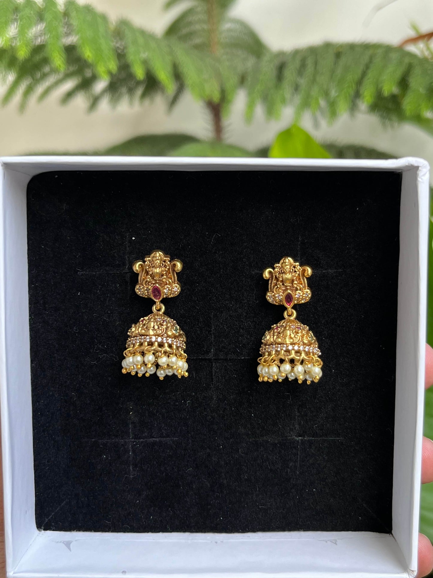 Traditional Nakshi Jhumka Earrings with Pearl Drops – Antique Gold Temple Jewellery