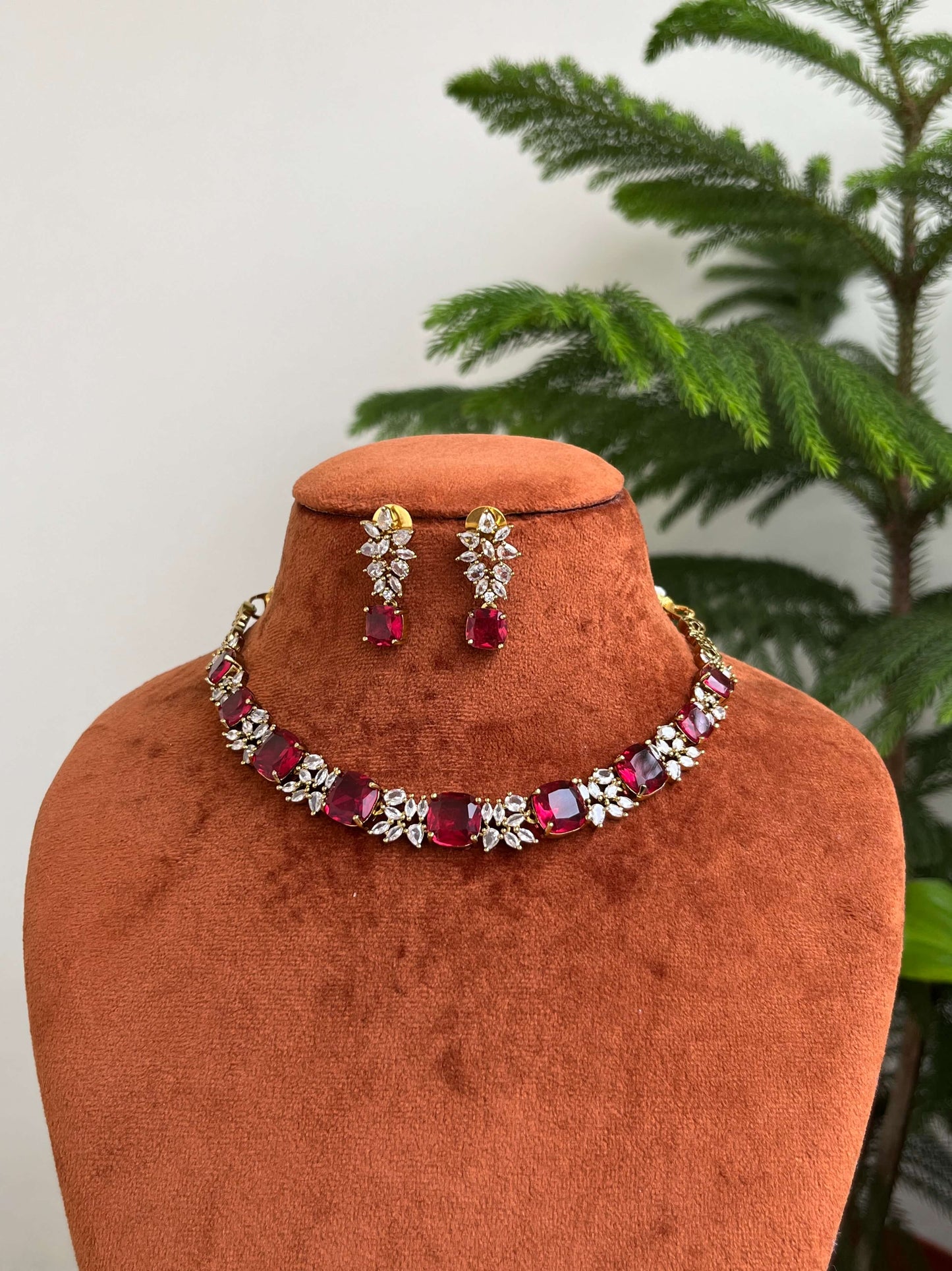 Green & Ruby Stone Necklace Set with Earrings | American Diamond Jewellery