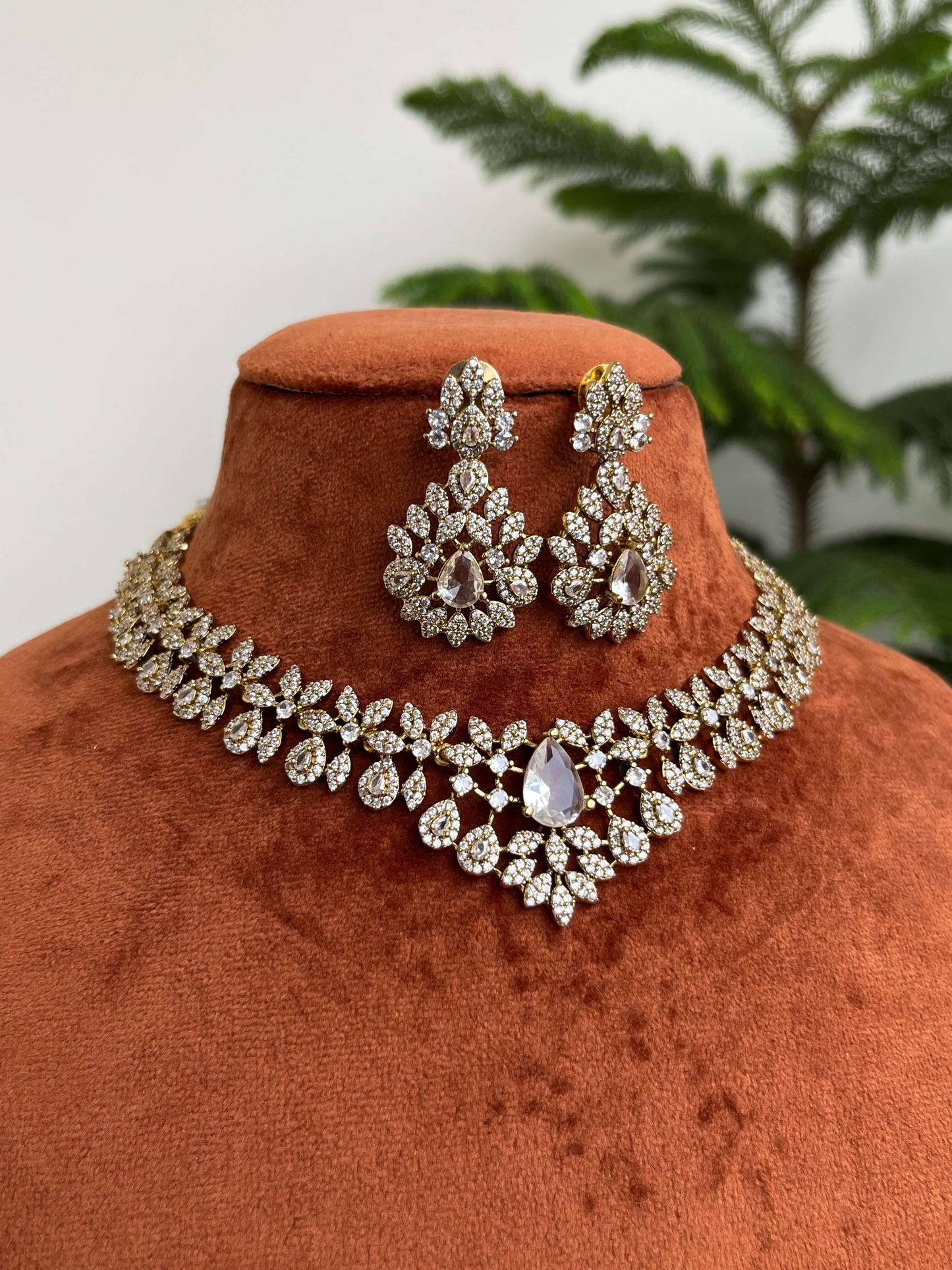 Diamond Look Choker Necklace Set with Earrings | Premium CZ Stone Jewelleryi