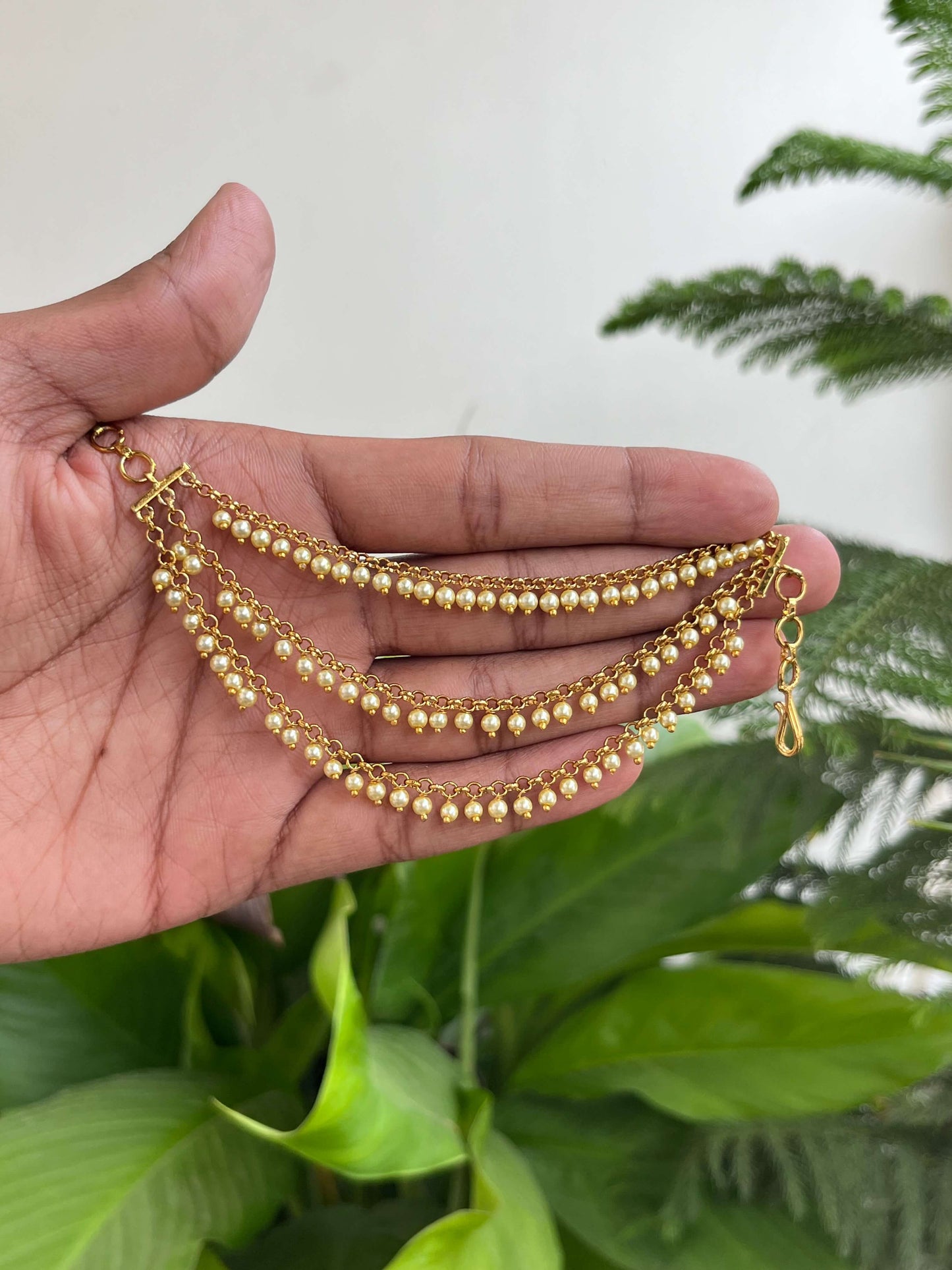 Classic 3-Layer Pearls Ear Chain / Champa Saralu