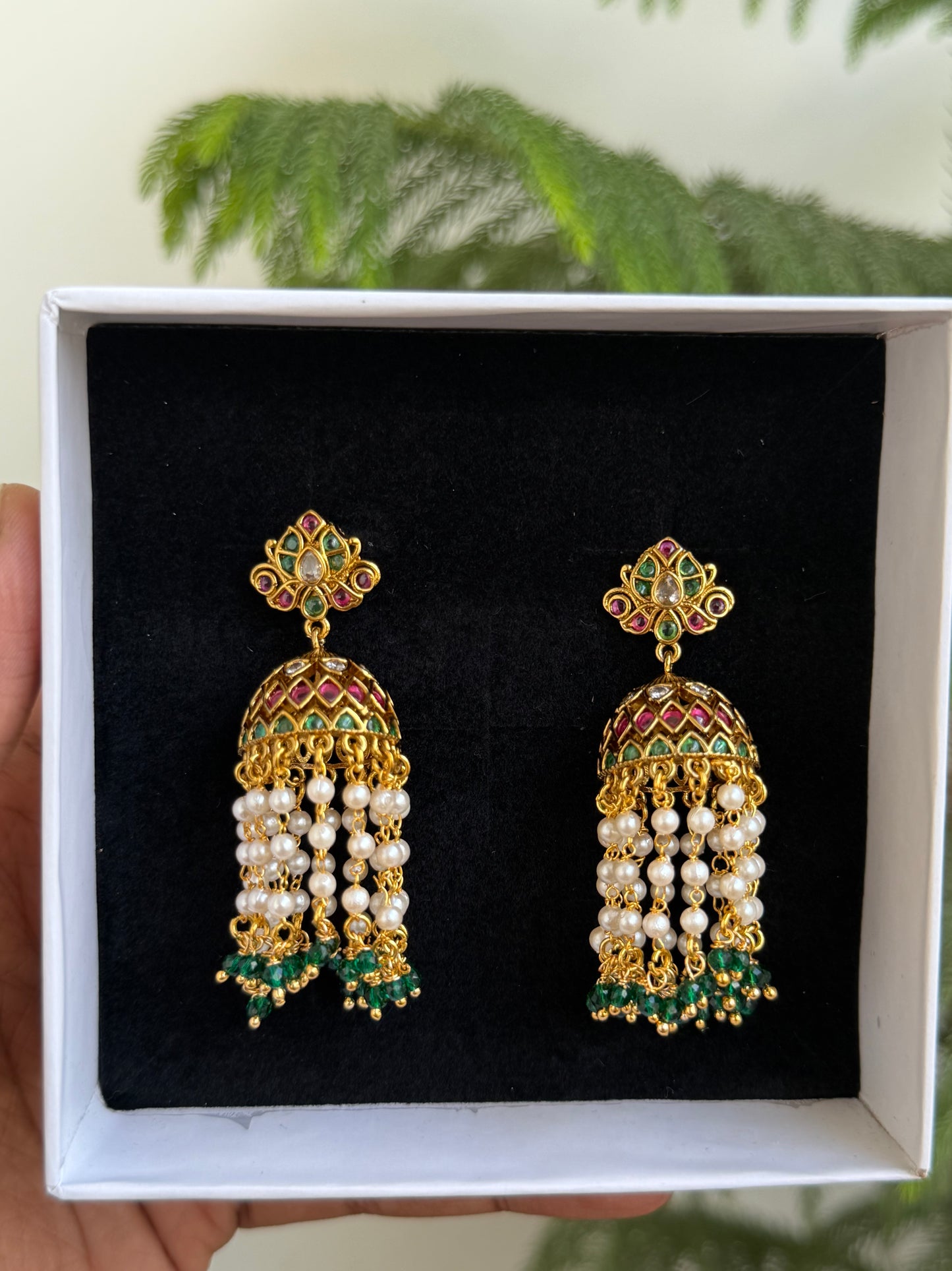 Traditional Kemp Stone Jhumkas with Pearl & Emerald Drops (Matte Gold Finish)