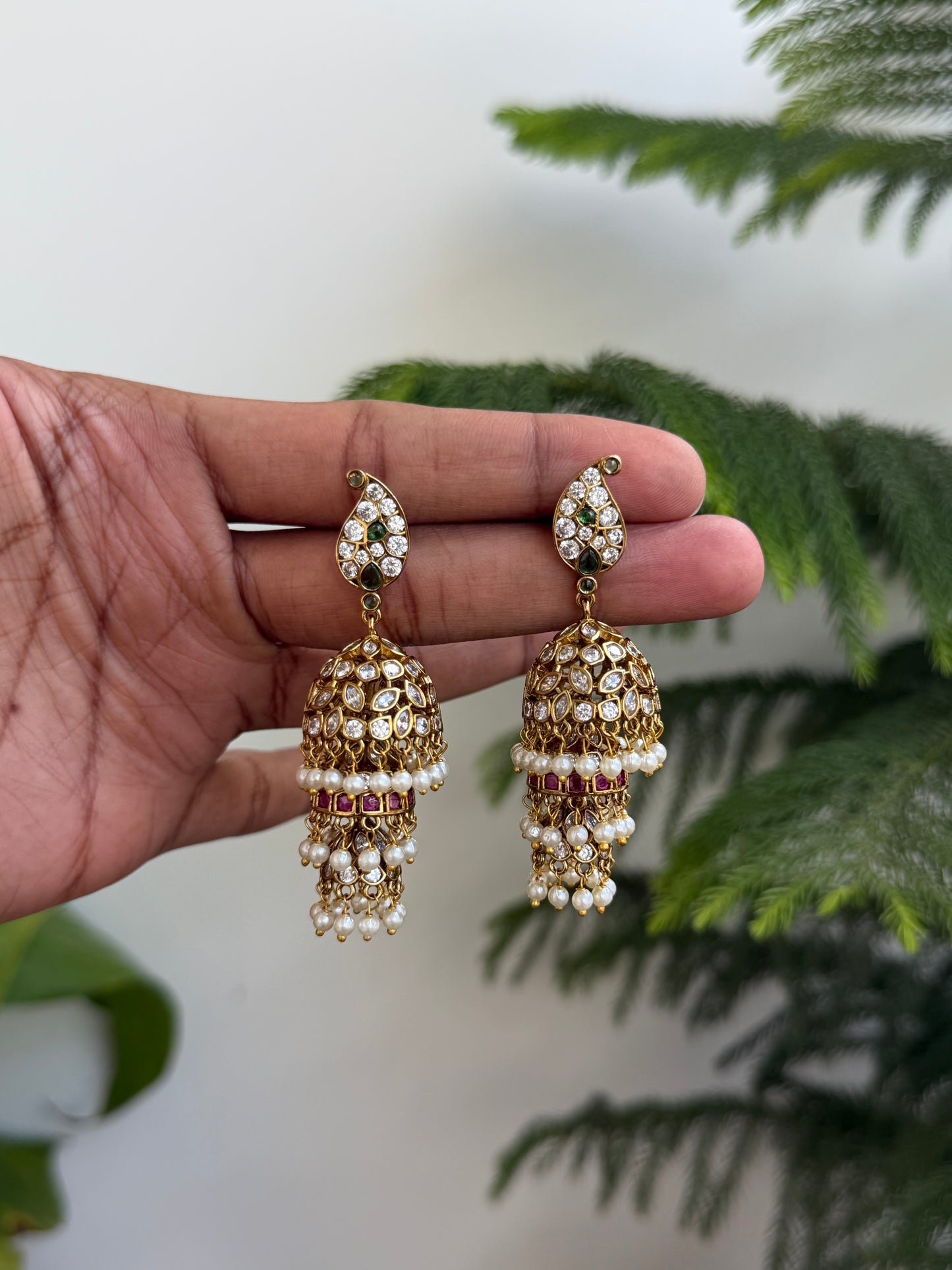 Polki Style AD Jhumkas with Paisley Stud & Pearl Tassel Drops