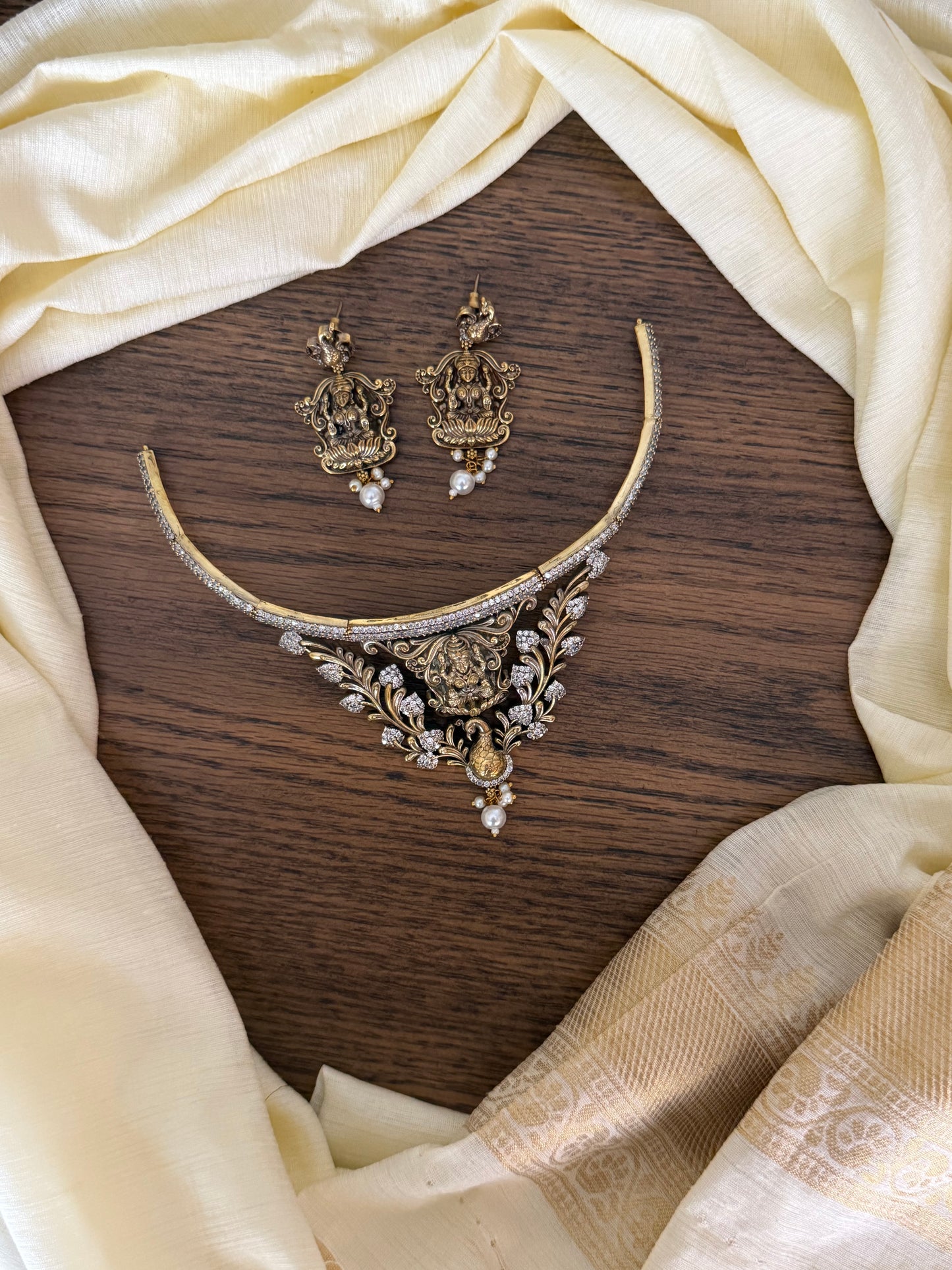 Antique Goddess Lakshmi Kanti Choker Set with AD Stones