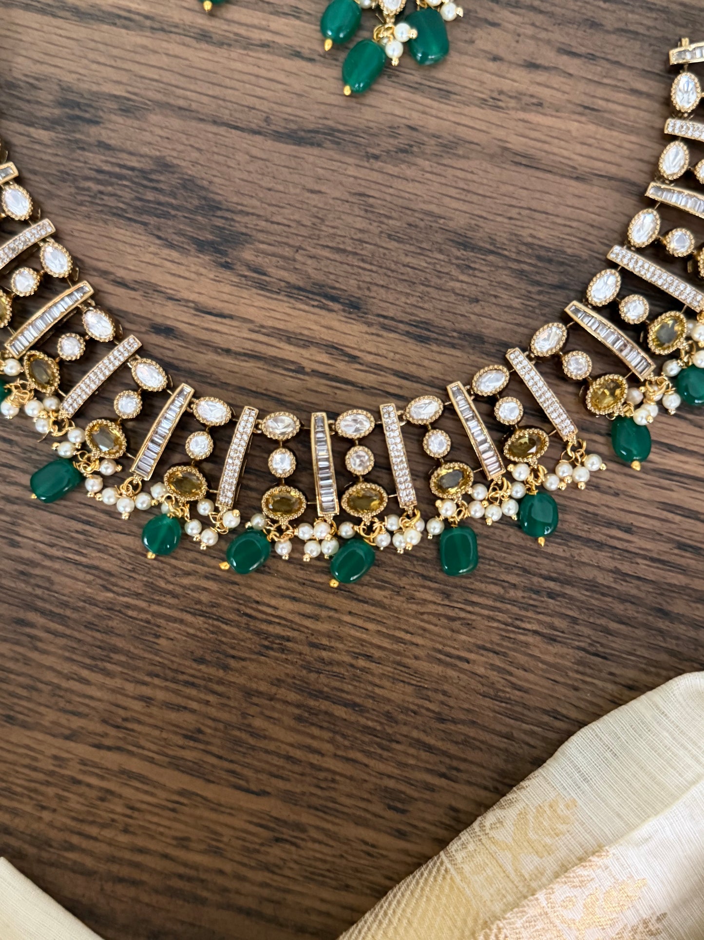 Victorian Moissanite Style High Neck Choker with Emerald Drops