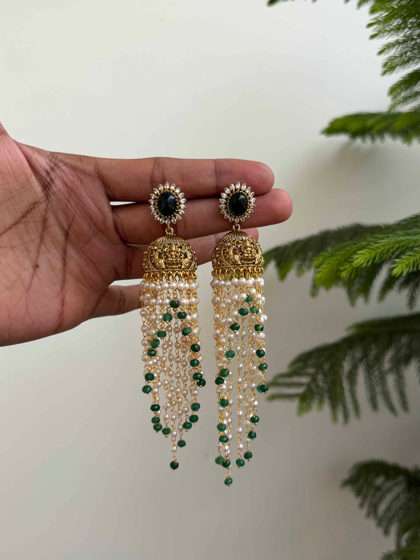 Premium Green Stone Nakshi Jhumka with Pearl Tassles