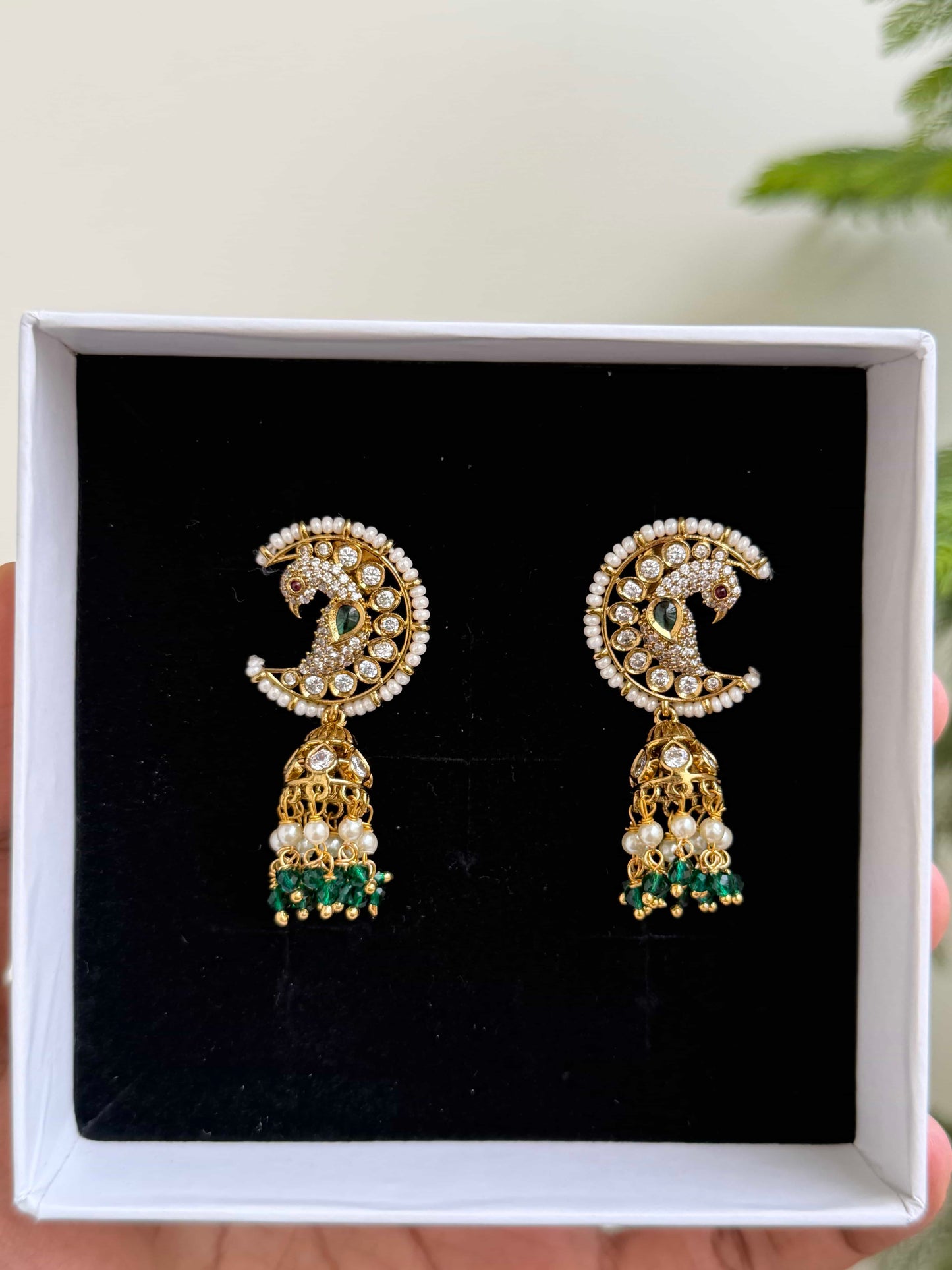 Moon Shaped Peacock Jhumka Earrings