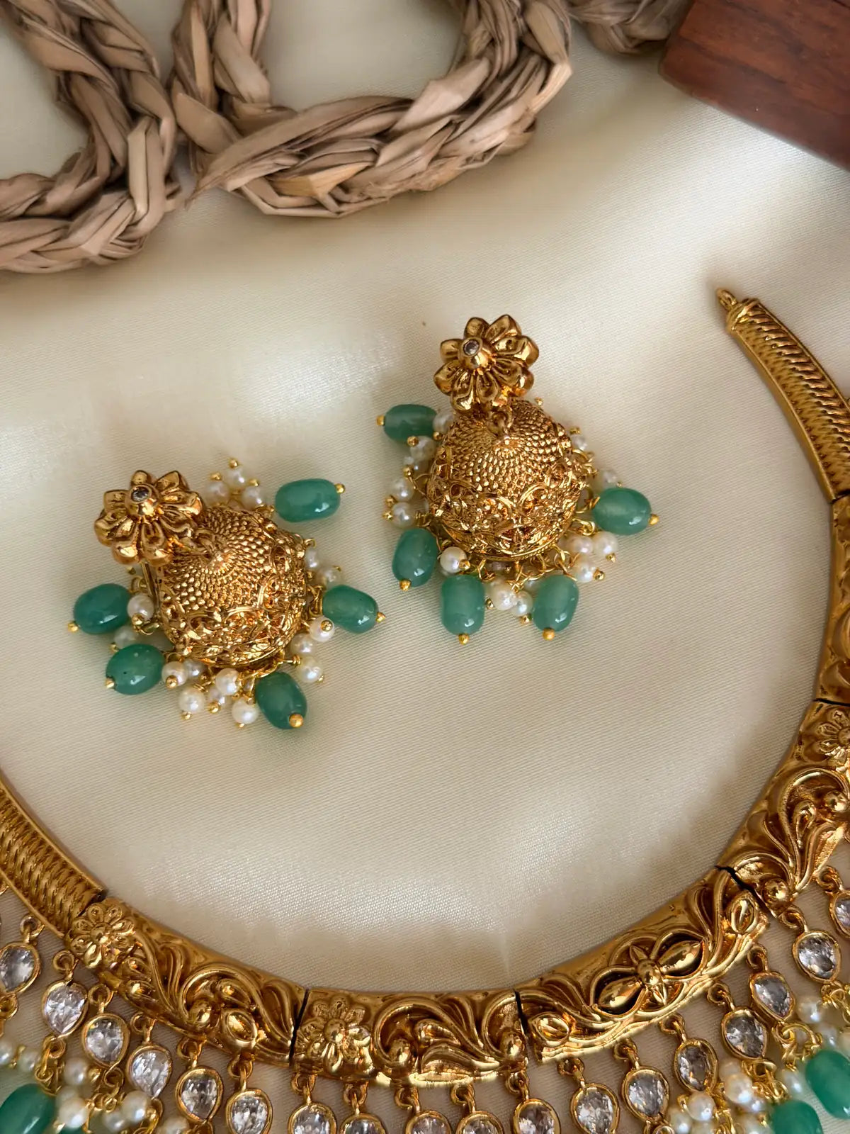 Green Beads Kanti Necklace Set with Jhumka