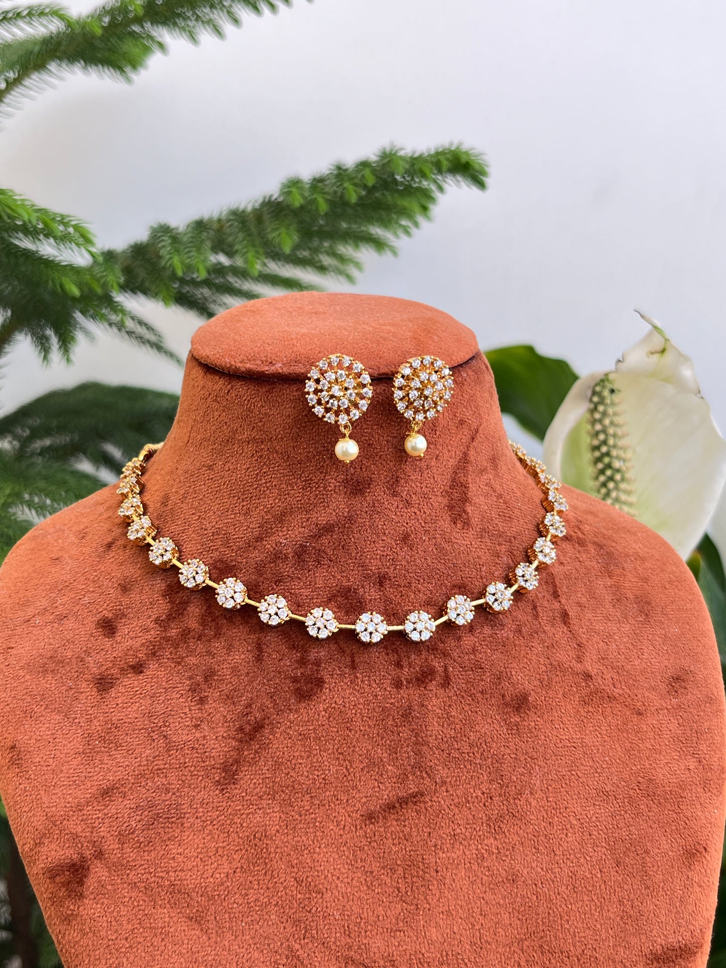 Single Line Floral Motif Necklace – AD Studded – With Matching Studs