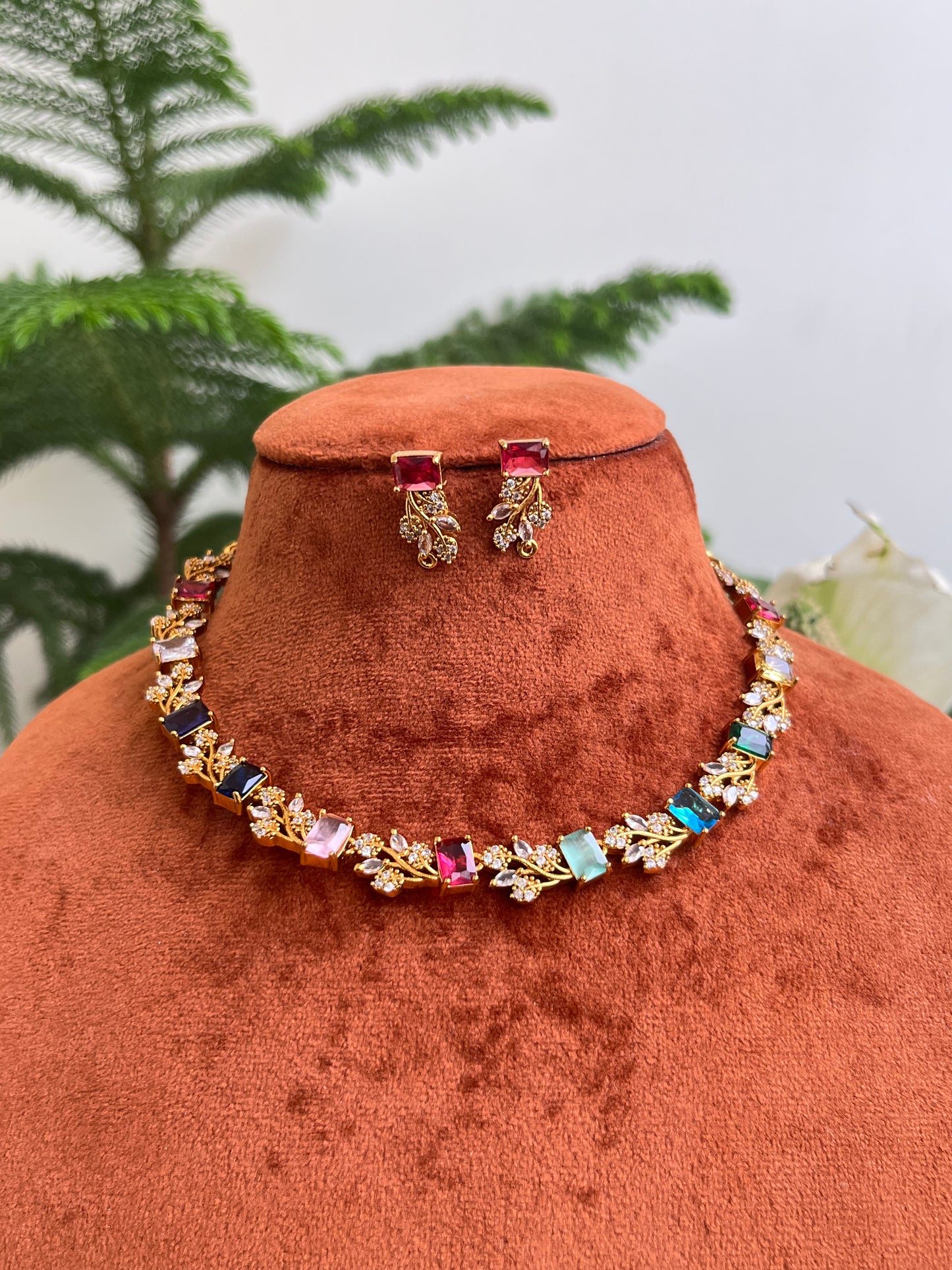 Leaf & Floral AD Diamond Necklace – Baby Pink / Mint / Multicolor