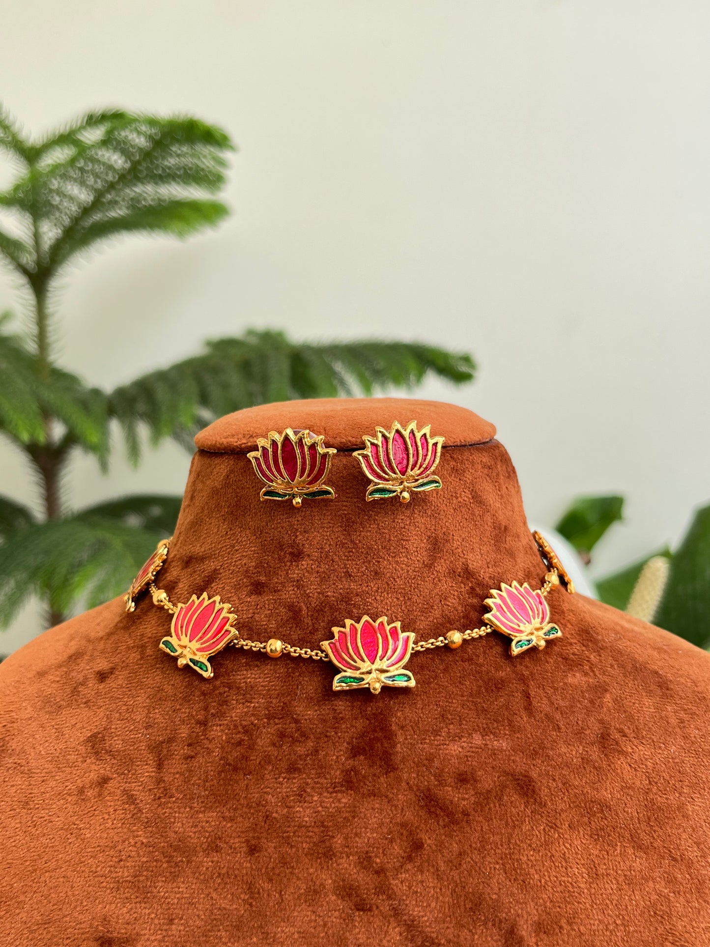 Lotus Necklace Set – Manju Warrier Inspired – Pink / Multicolor – Choker or Short Wear