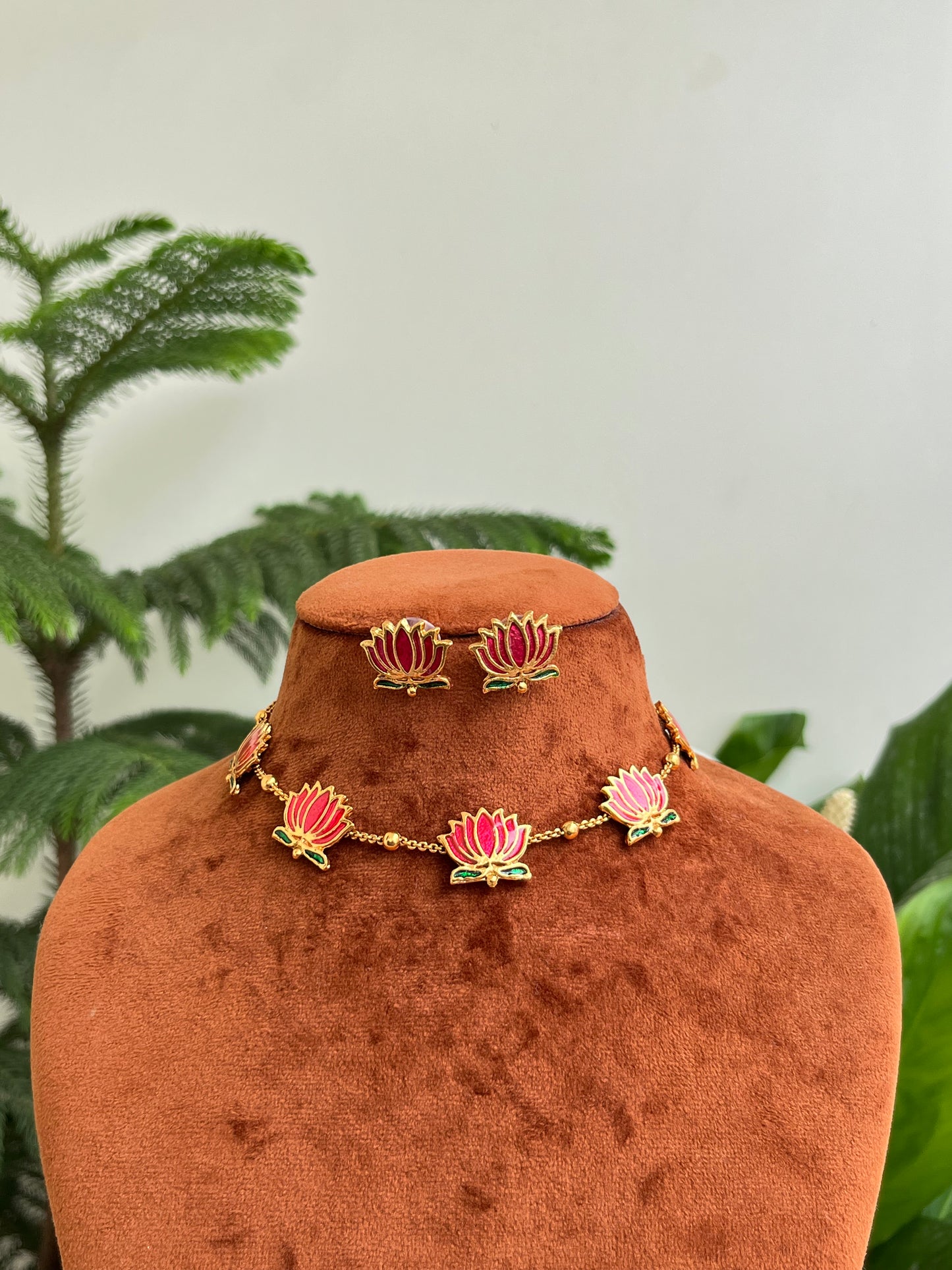 Lotus Necklace Set – Manju Warrier Inspired – Pink / Multicolor – Choker or Short Wear