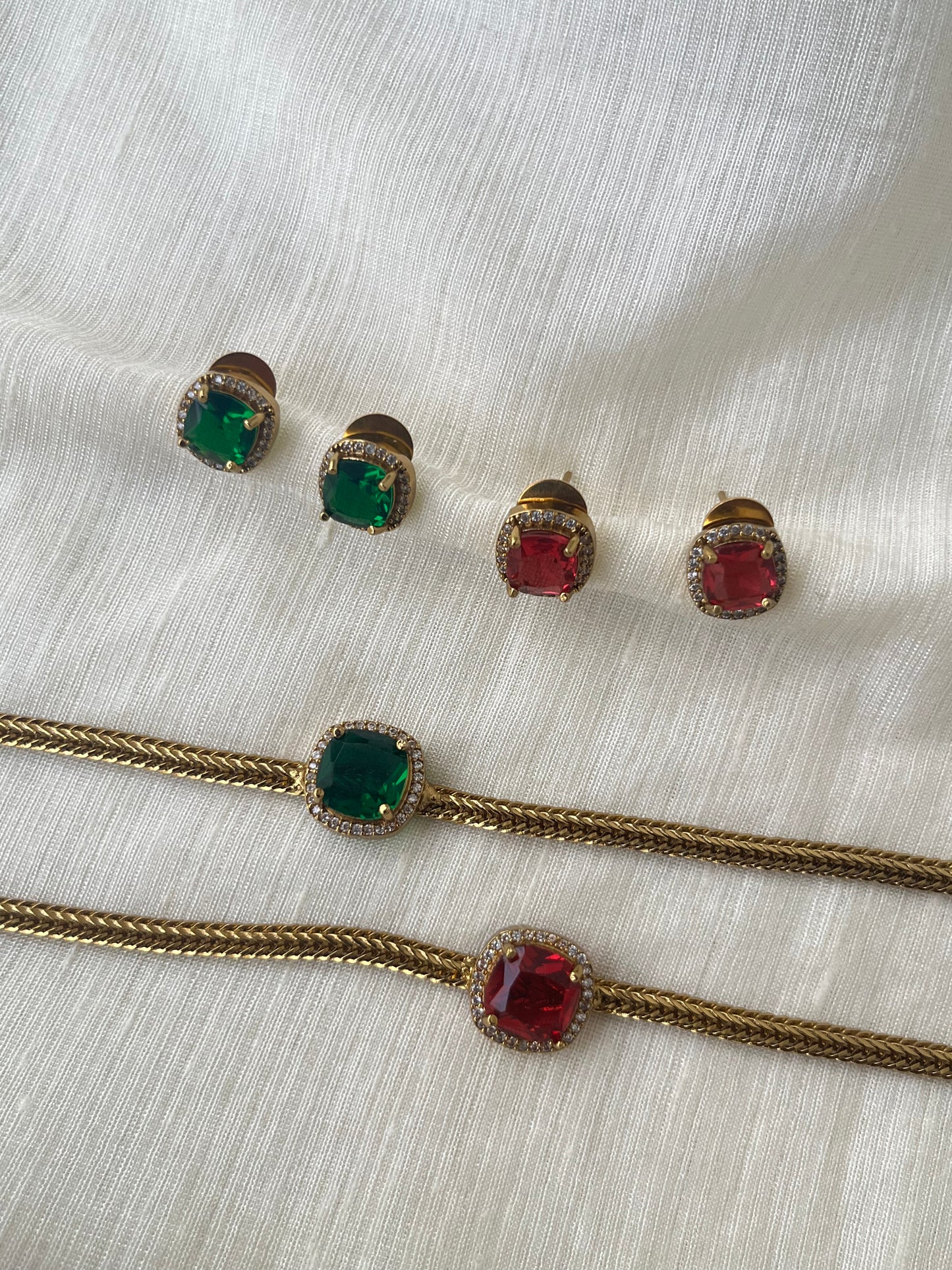 Sleek Attigai Choker – Center Stone – Red, Green, White, Purple, Pink, Mint – With Studs 23