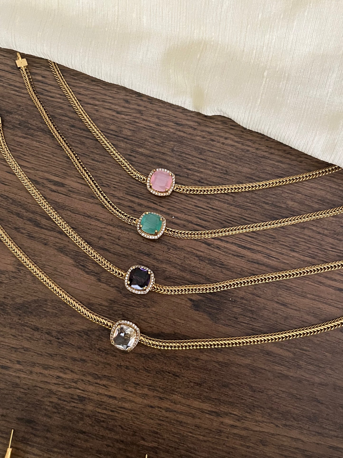 Sleek Attigai Choker – Center Stone – Red, Green, White, Purple, Pink, Mint – With Studs 23