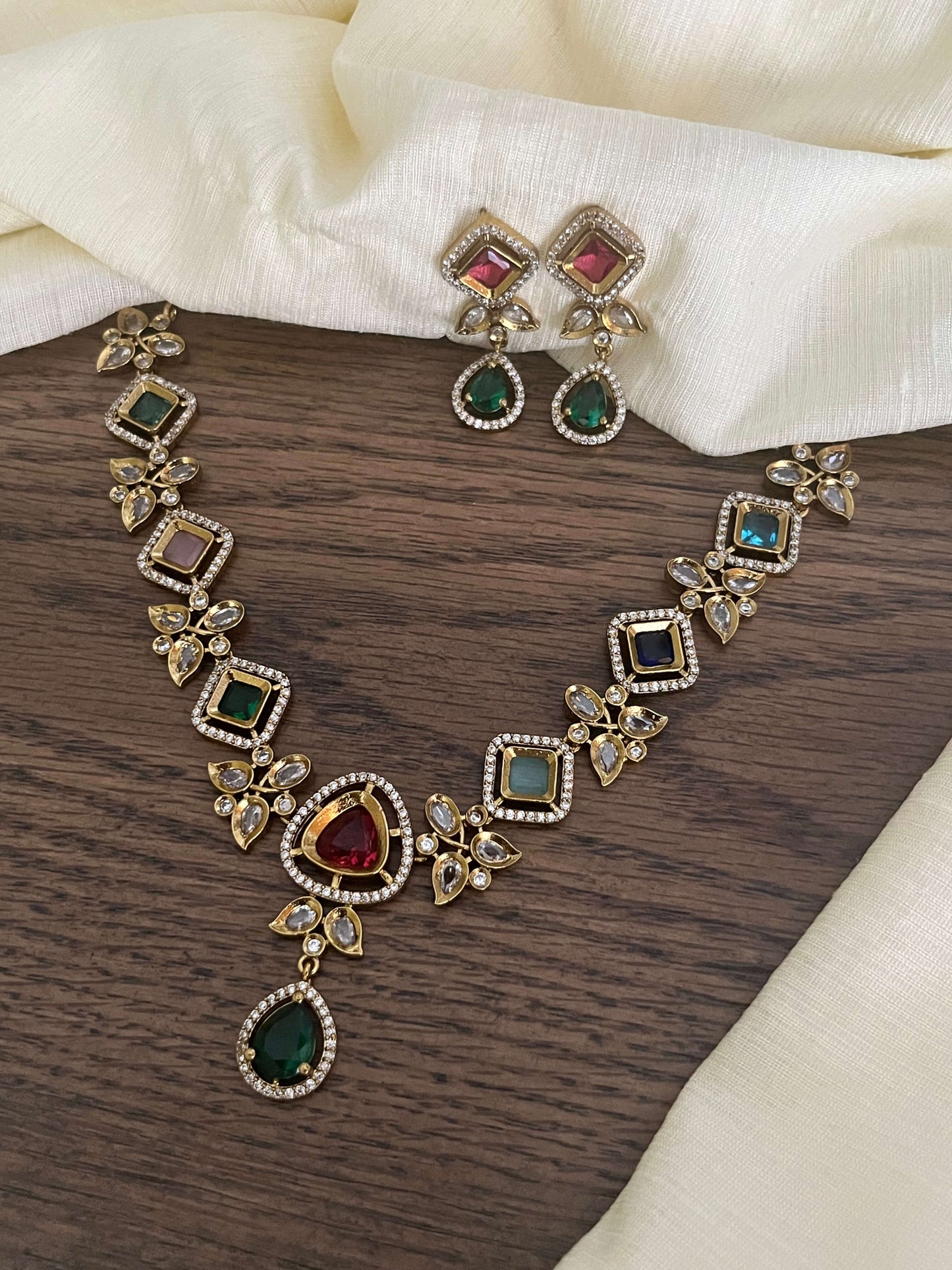 Multi-Colored Stone Necklace Set with Earrings – Festive Jewellery