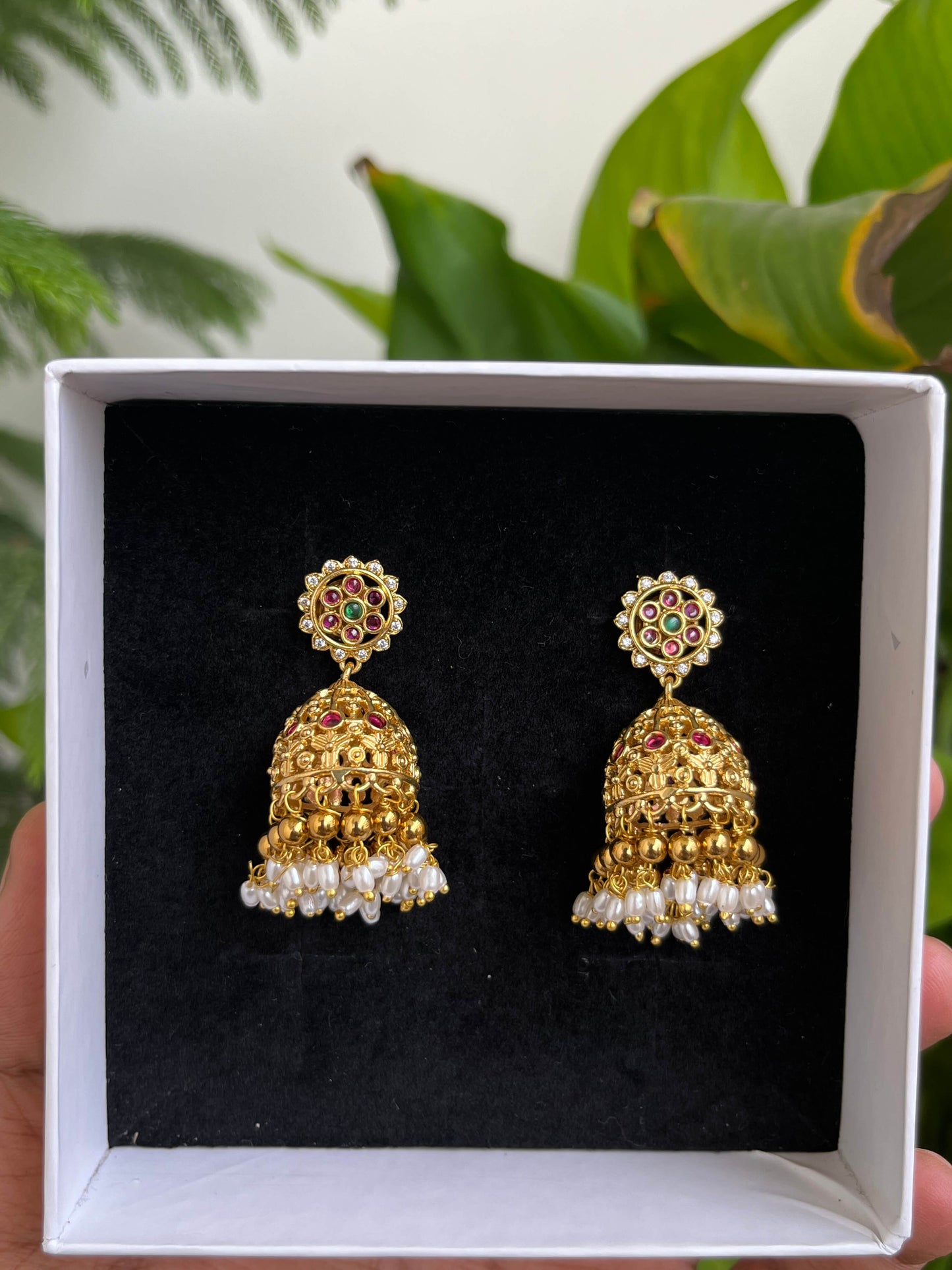 Gold Look Alike Jhumka Earrings with Rice Pearls